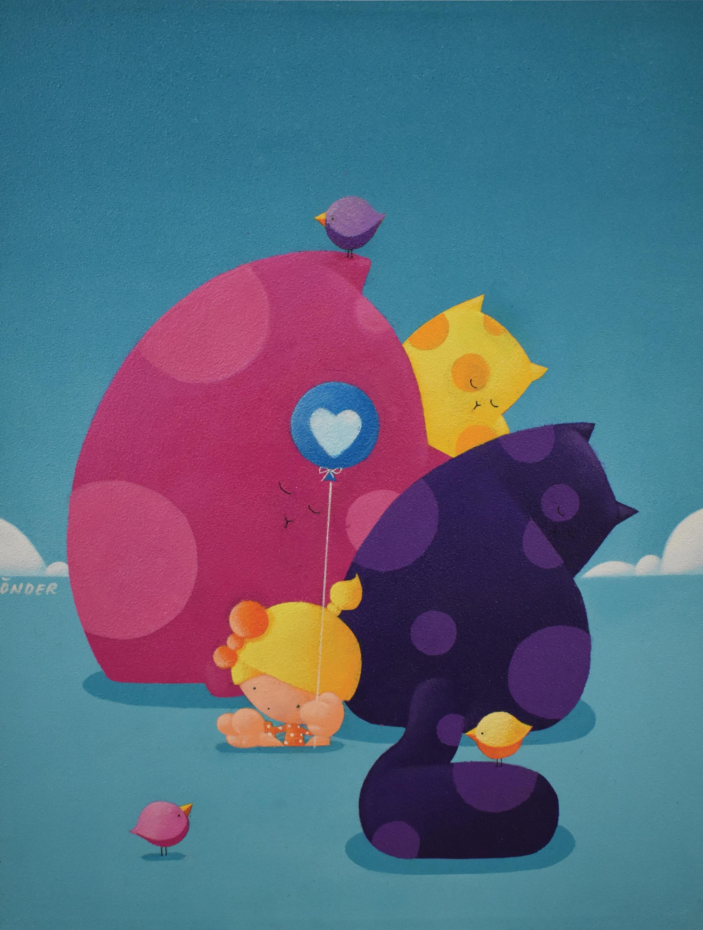 Mali Onder Animal Painting – Trust, farbenfrohe Pop-Art, Freundschaft mit Kindern und Katzen, Träume, Freiheit, Glück
