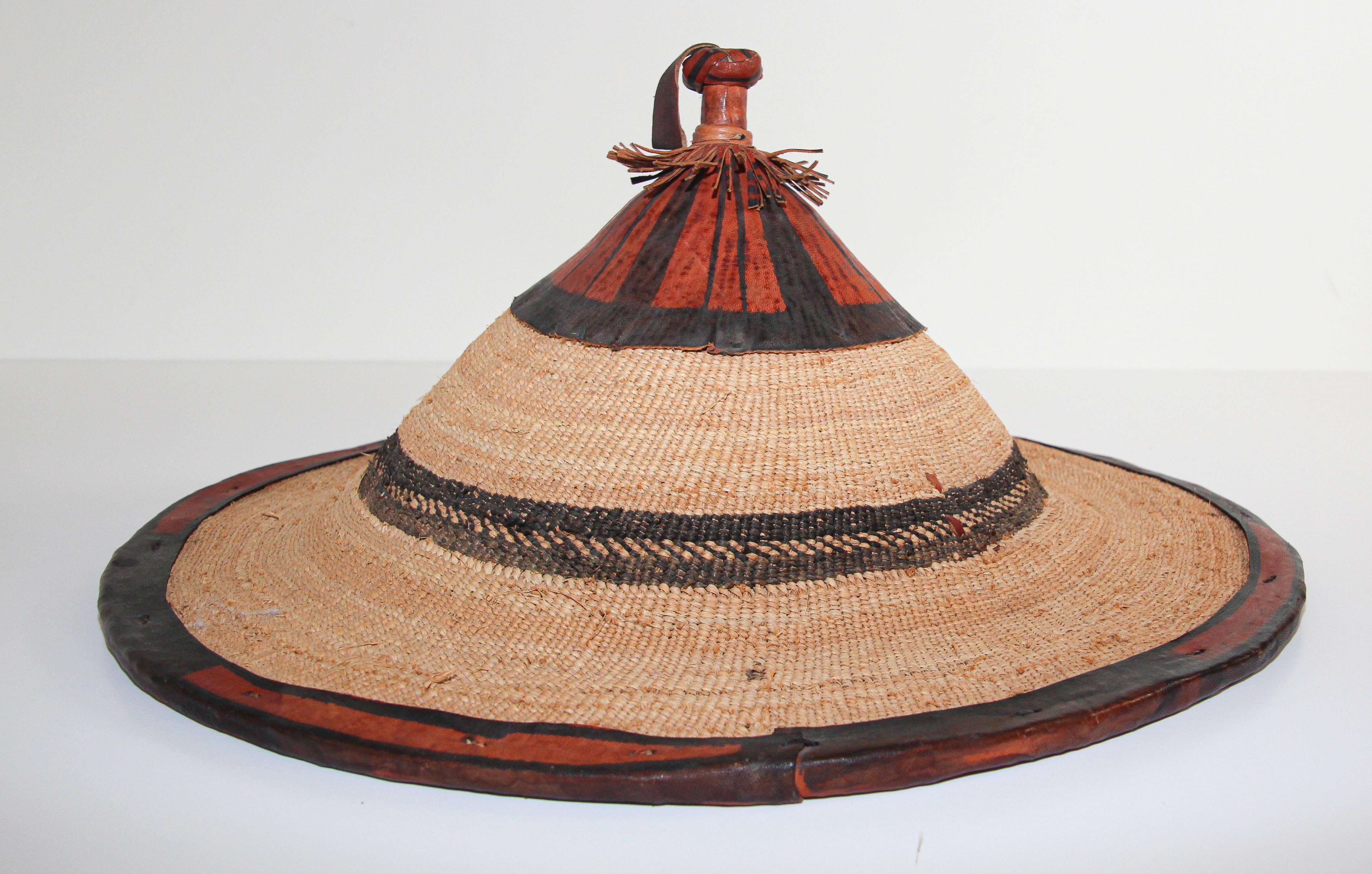 Mali West Africa Conical Leather and Straw Tribal Fulani Hat 5