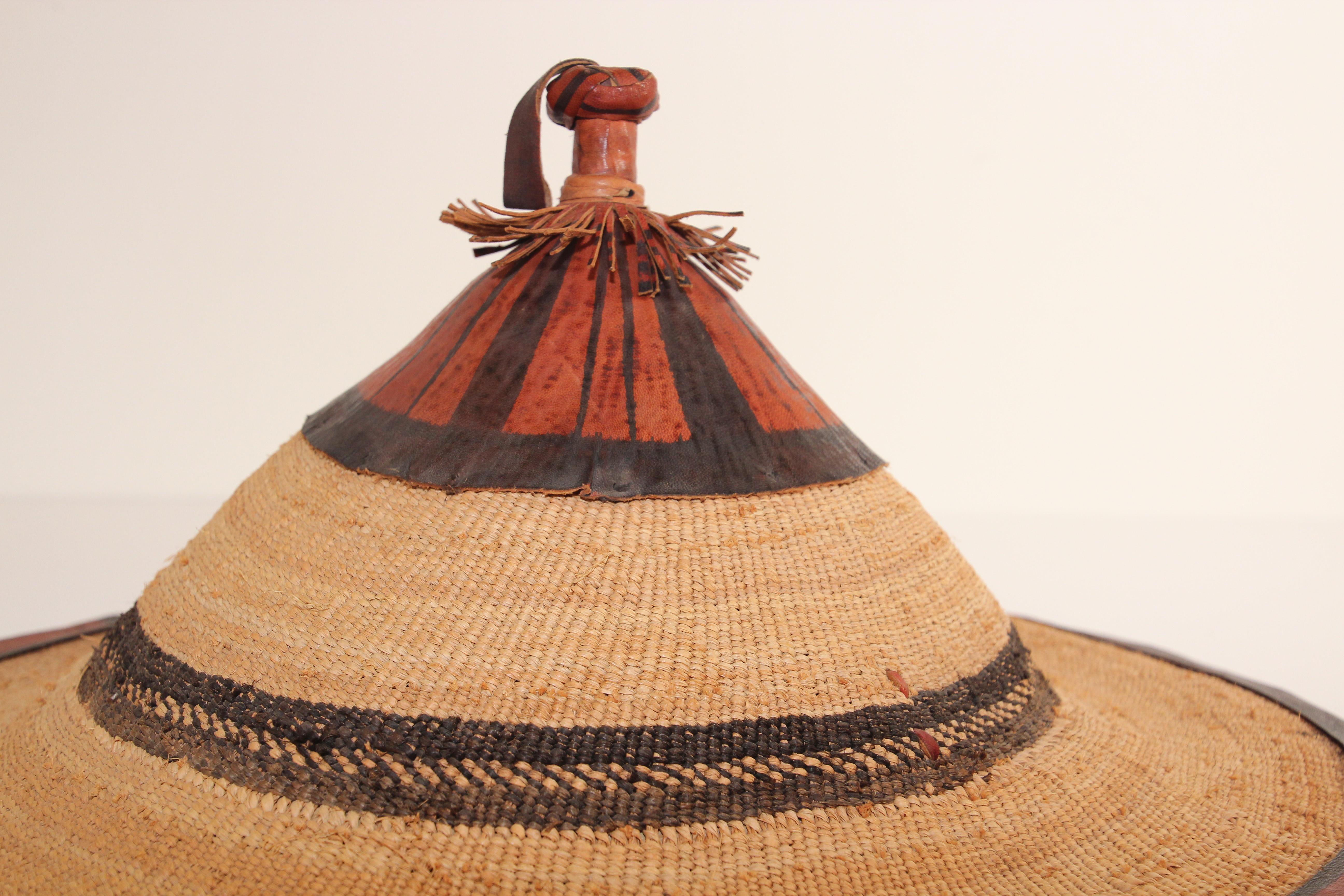 Mali West Africa Conical Leather and Straw Tribal Fulani Hat 6