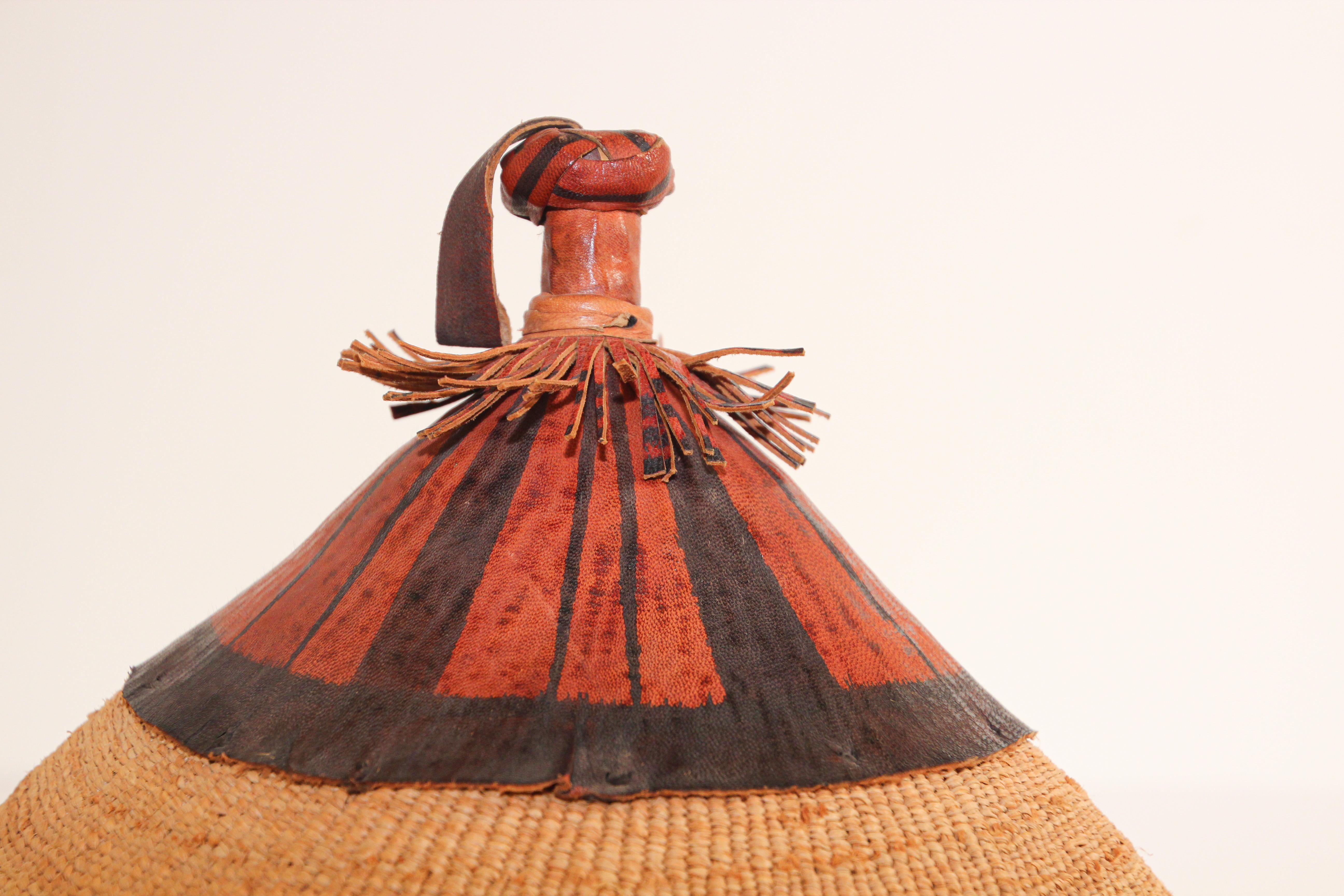 Mali West Africa Conical Leather and Straw Tribal Fulani Hat 7