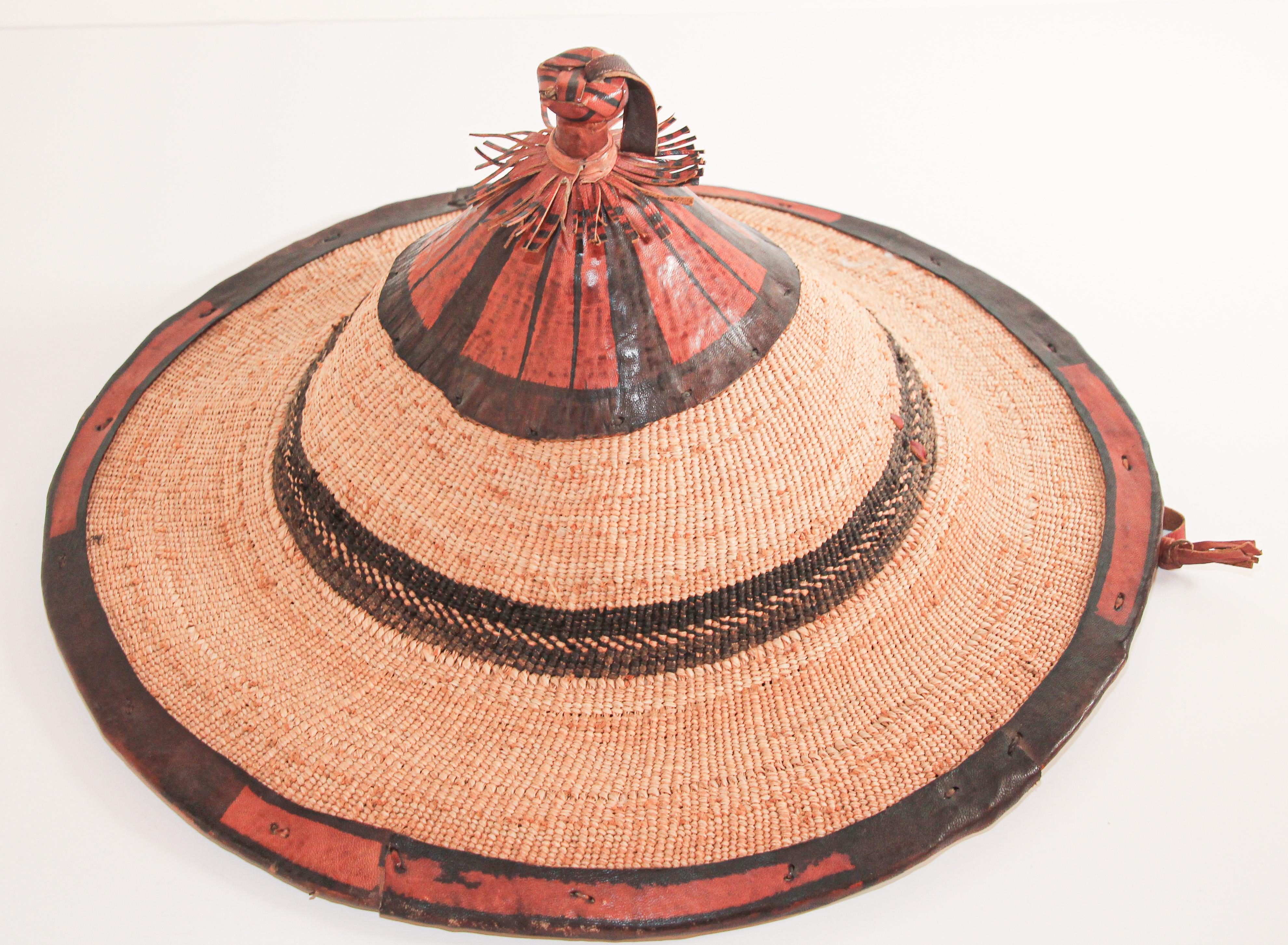 Mali West Africa Conical Leather and Straw Tribal Fulani Hat 8