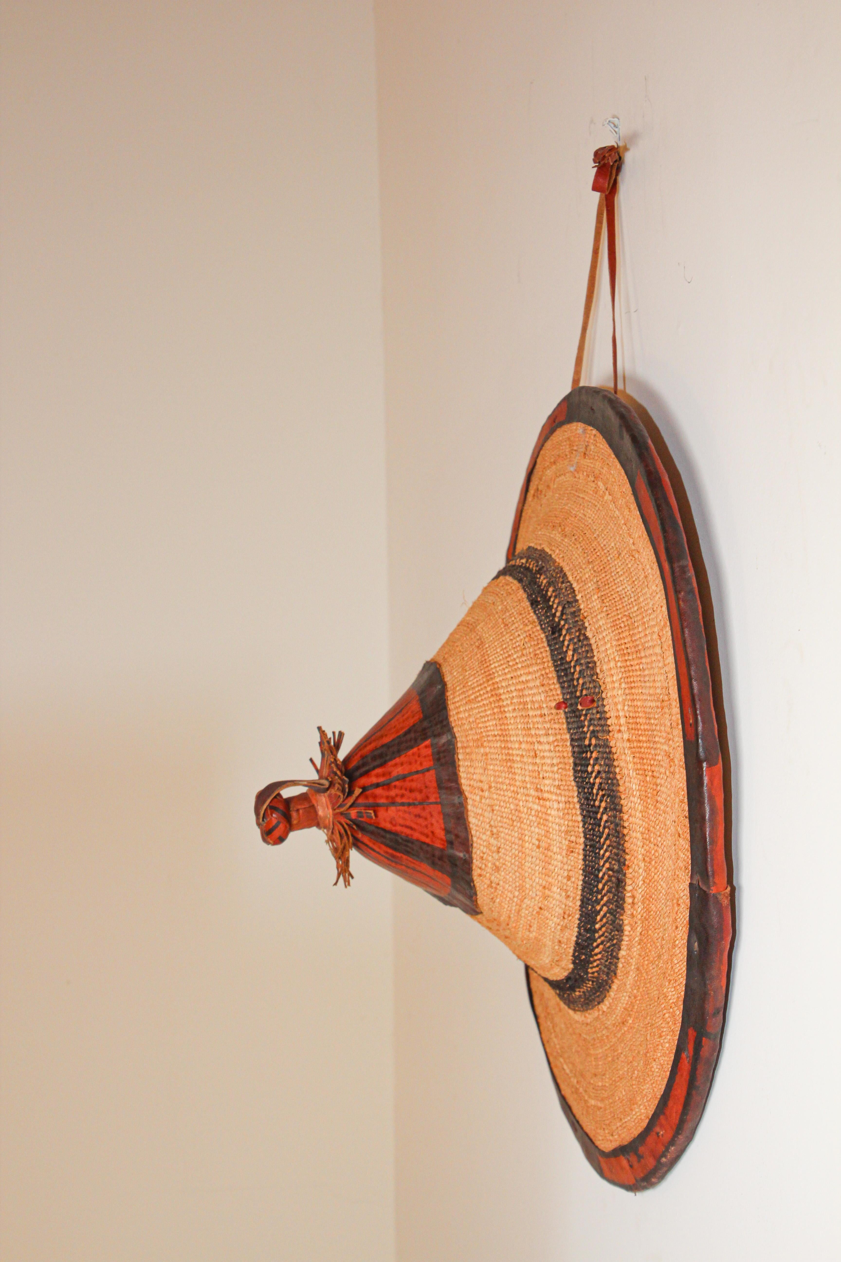 Mali West Africa Conical Leather and Straw Tribal Fulani Hat 10