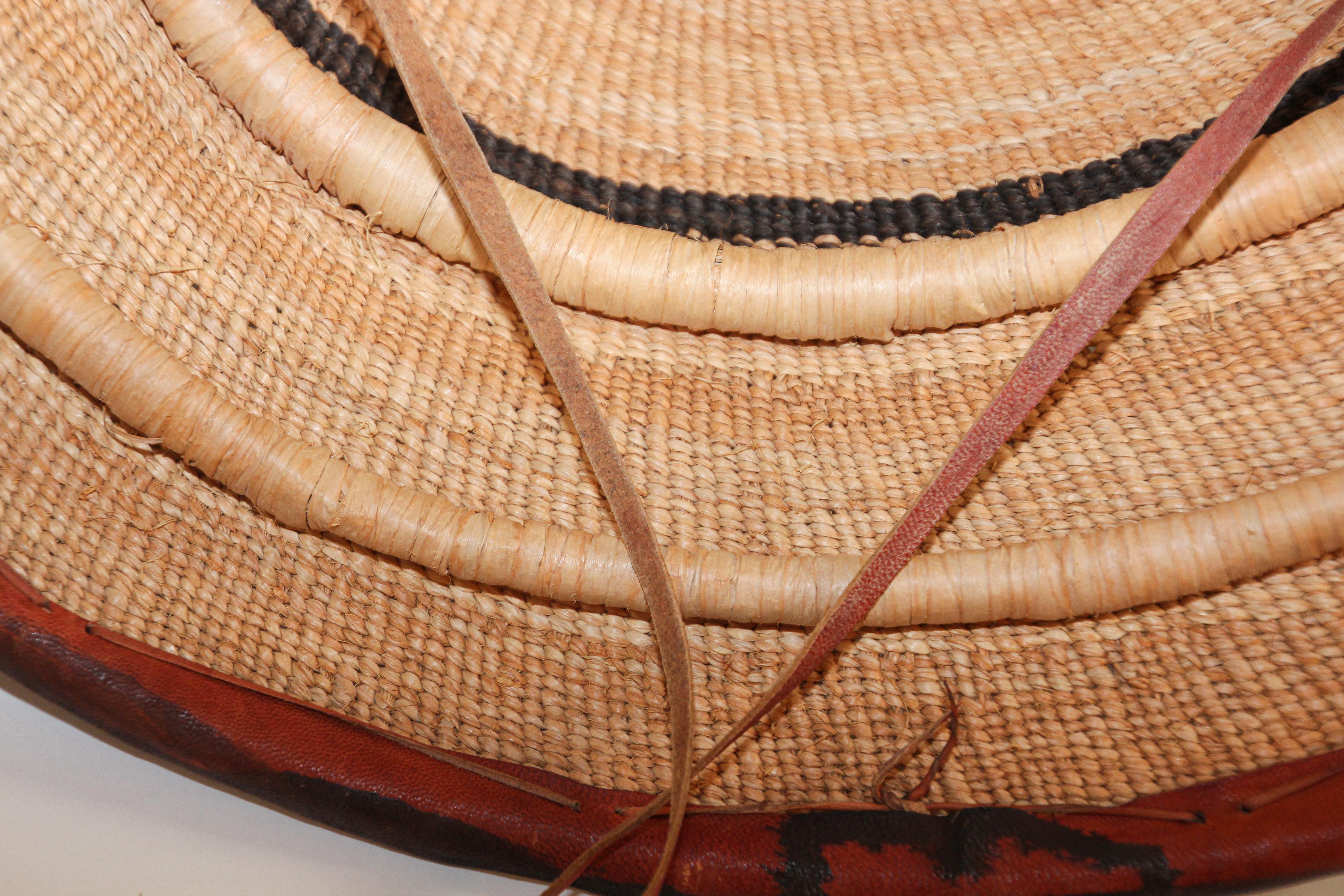 Mali West Africa Conical Leather and Straw Tribal Fulani Hat In Good Condition In North Hollywood, CA