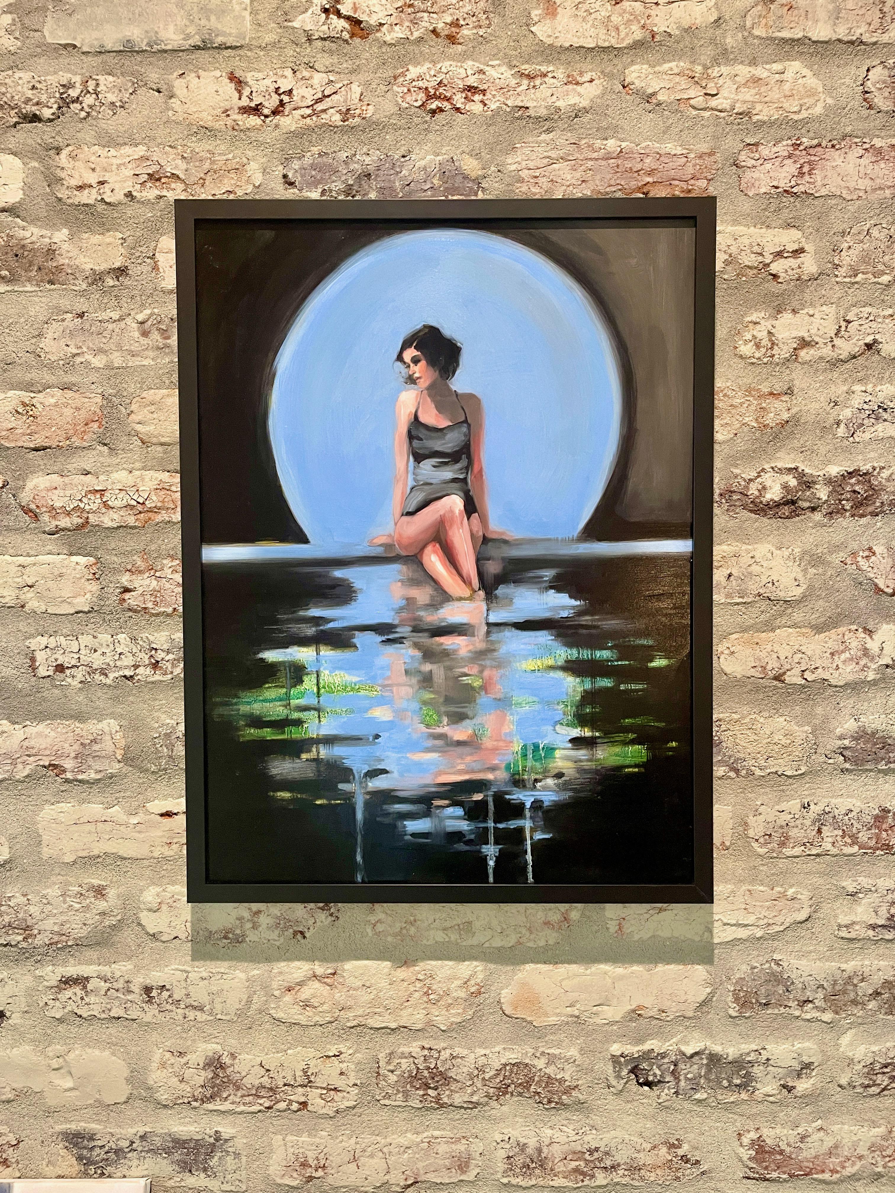 <p>Artist Comments<br>A woman sits at the edge of a pool, with the blue moon framing her and adding to the contemplative atmosphere of the scene. The layers of paint on the water reveal the several color transformations of the background before