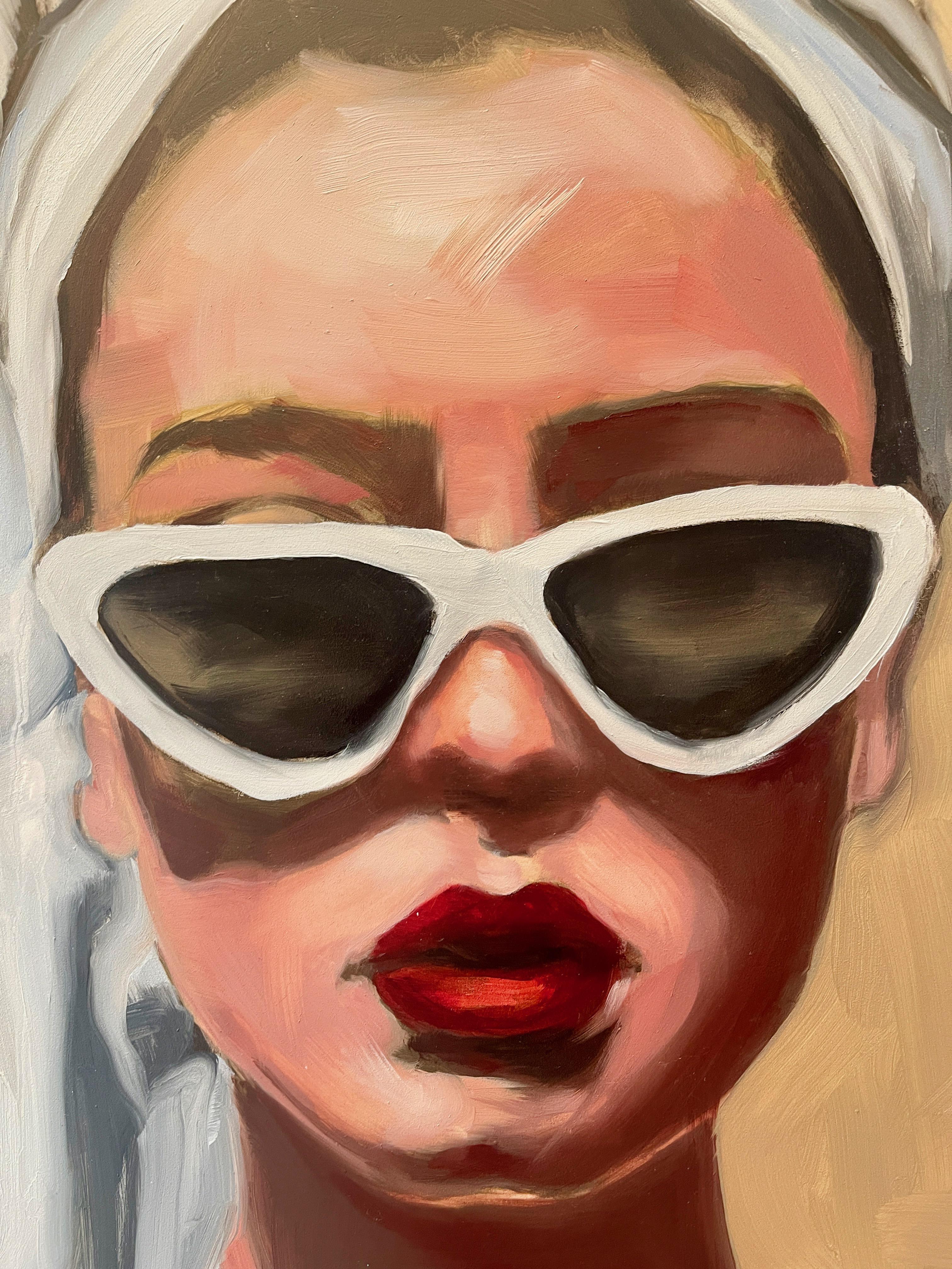 <p>Artist Comments<br>A woman exudes timeless elegance with her white sunglasses and bold red lipstick. Paint drips from the beach towel wrapped around her hair, suggesting the presence of water. The portrait's warm palette and loose brushstrokes