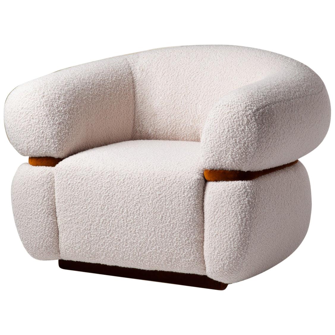 DOOQ Organic Modern Off-white Bouclé Armchair with Brown Velvet details Malibu For Sale