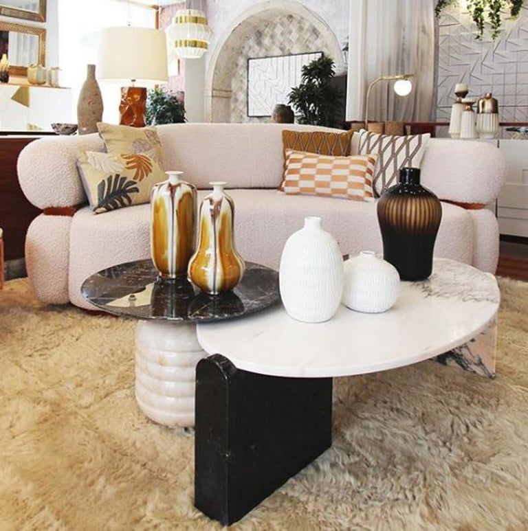 Mid-Century Modern Off-white Bouclé Malibu Round Sofa Soft Cotton Velvet piping  For Sale 3