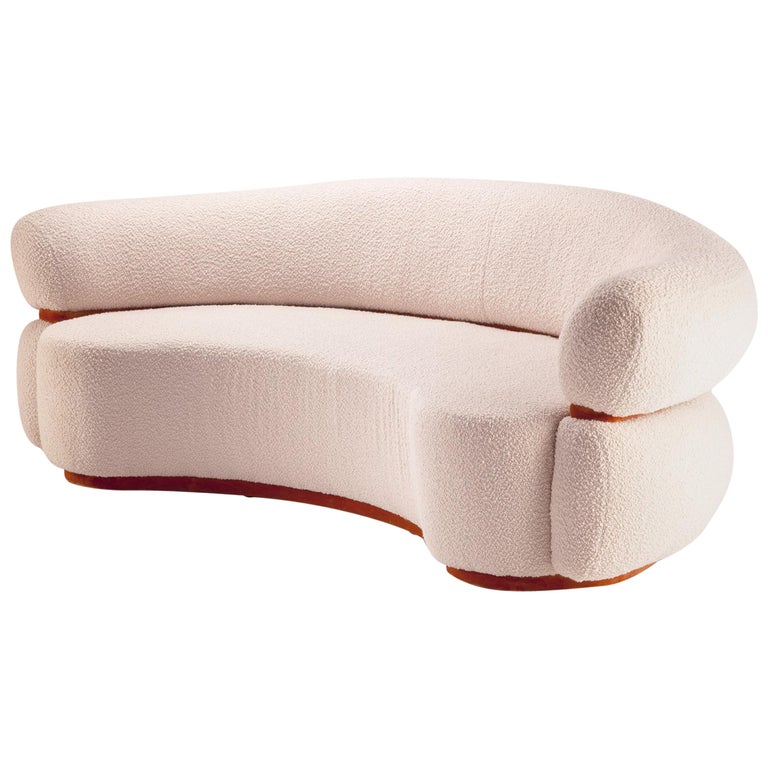 Mid-Century Modern Off-white Bouclé Malibu Round Sofa Soft Cotton Velvet piping  For Sale
