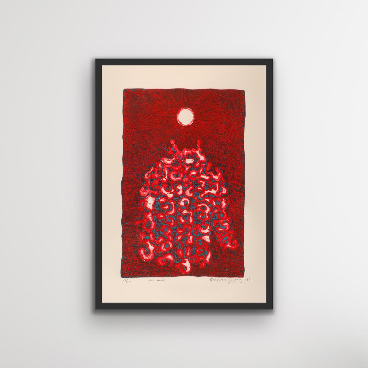 Bright red, blue, and white abstract etching on paper by Moroccan artist Malika Agueznay. Limited edition. Edition 12/20. Signed. Offered framed.

Malika Agueznay (1938) is a pioneer Moroccan abstract painter and engraver. Her artwork features