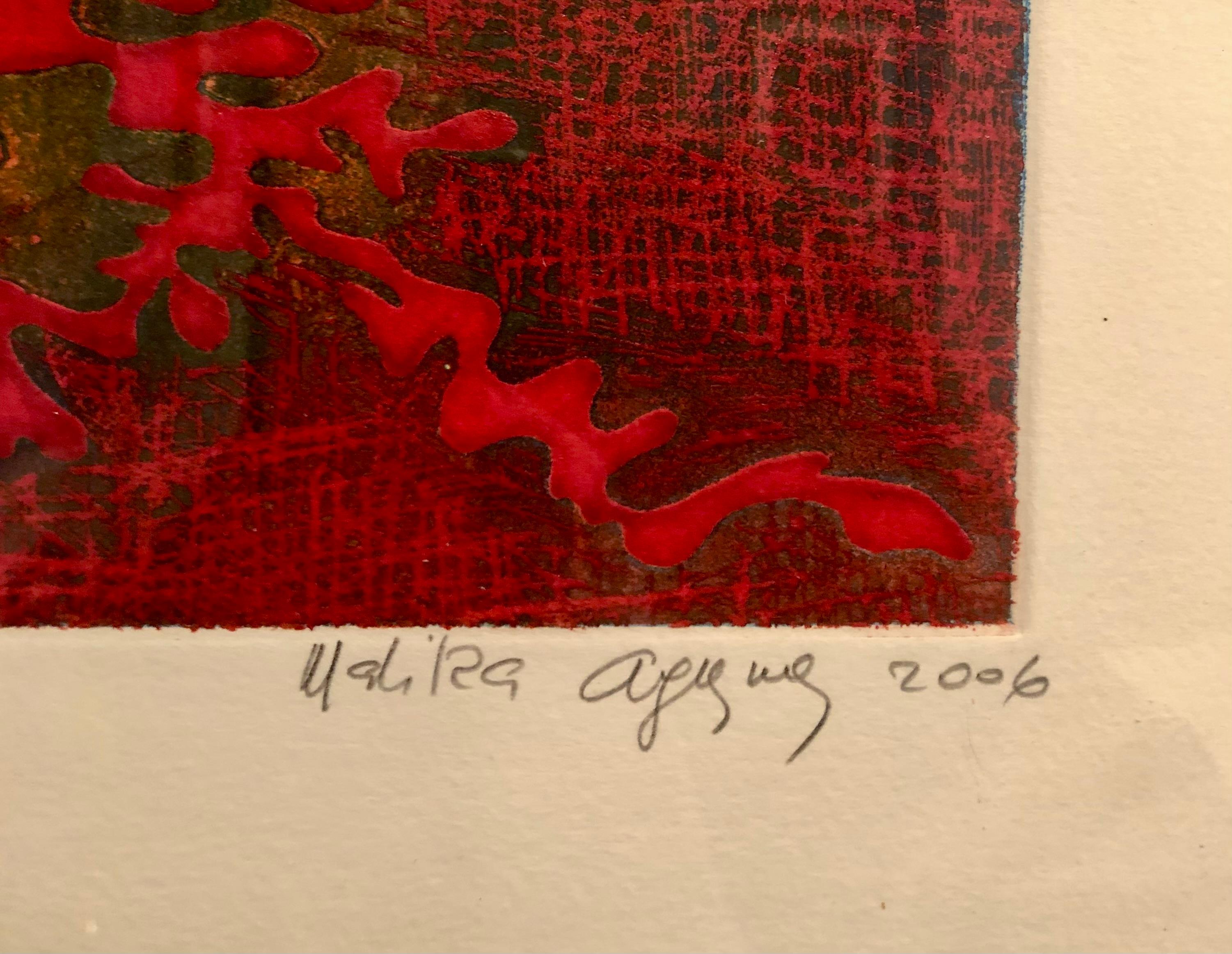 Nu Algue - Red abstract limited edition etching by Malika Agueznay For Sale 2