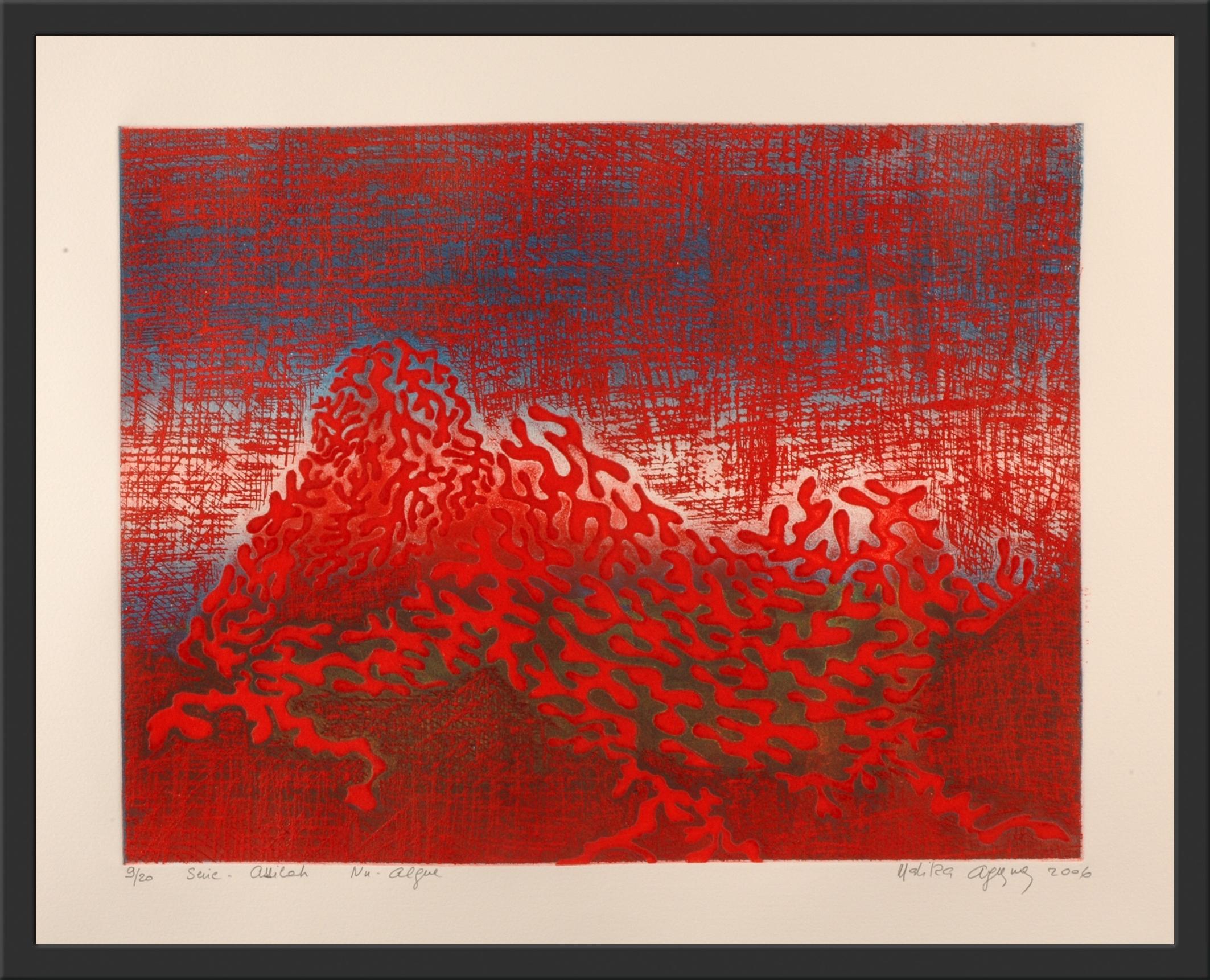 Nu Algue - Red abstract limited edition etching by Malika Agueznay