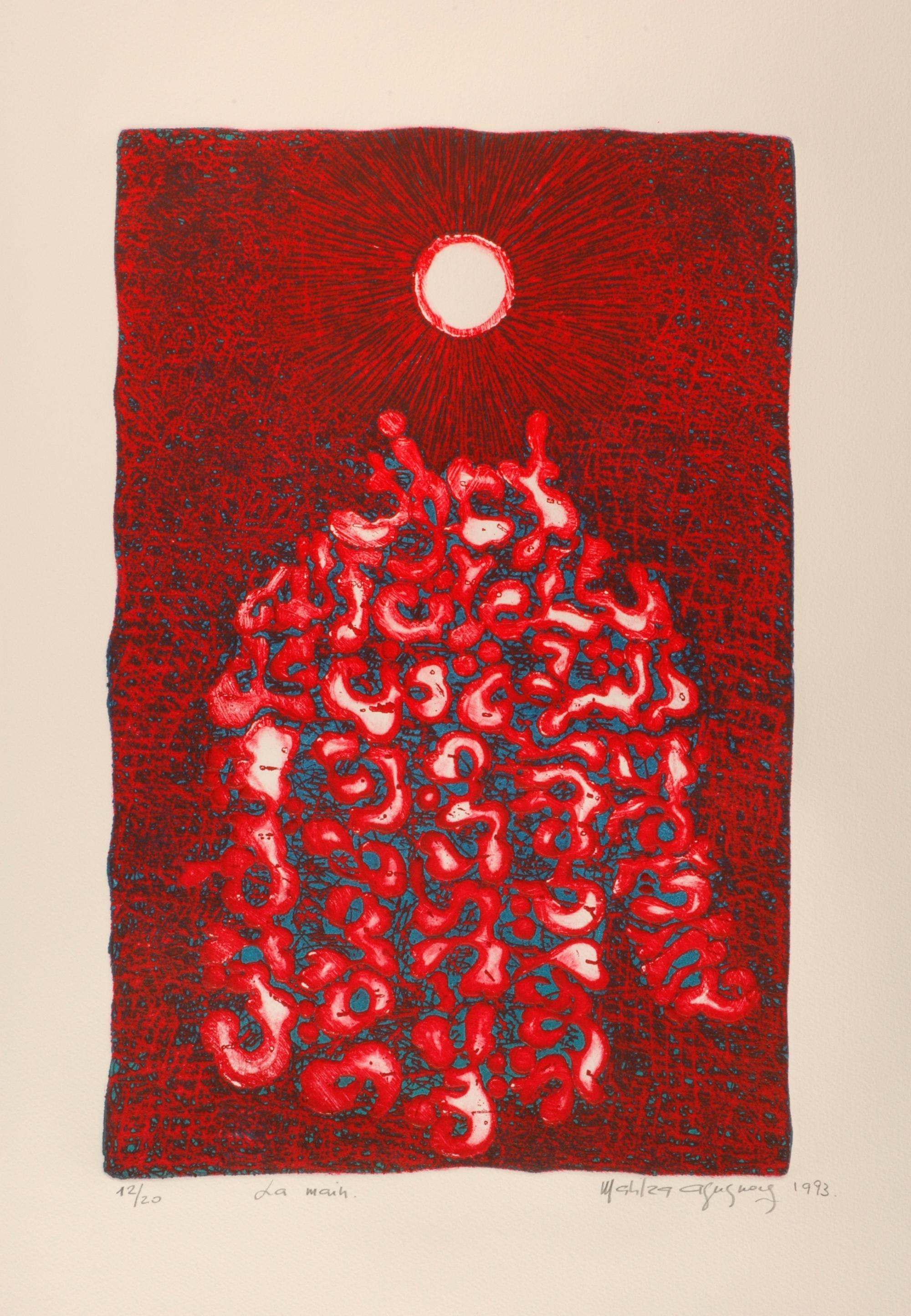 Bright red, blue, and white abstract etching print on paper by Moroccan artist Malika Agueznay. Limited edition. Edition 12/20. Signed. Offered framed.

Malika Agueznay (1938) is a pioneer Moroccan abstract painter and engraver. Her artwork features