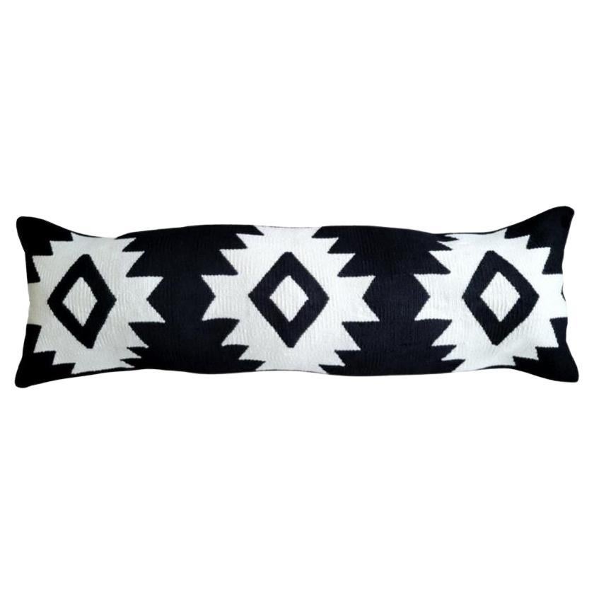 Rima Handwoven Extra Long Cotton Black Lumbar Pillow Cover For Sale