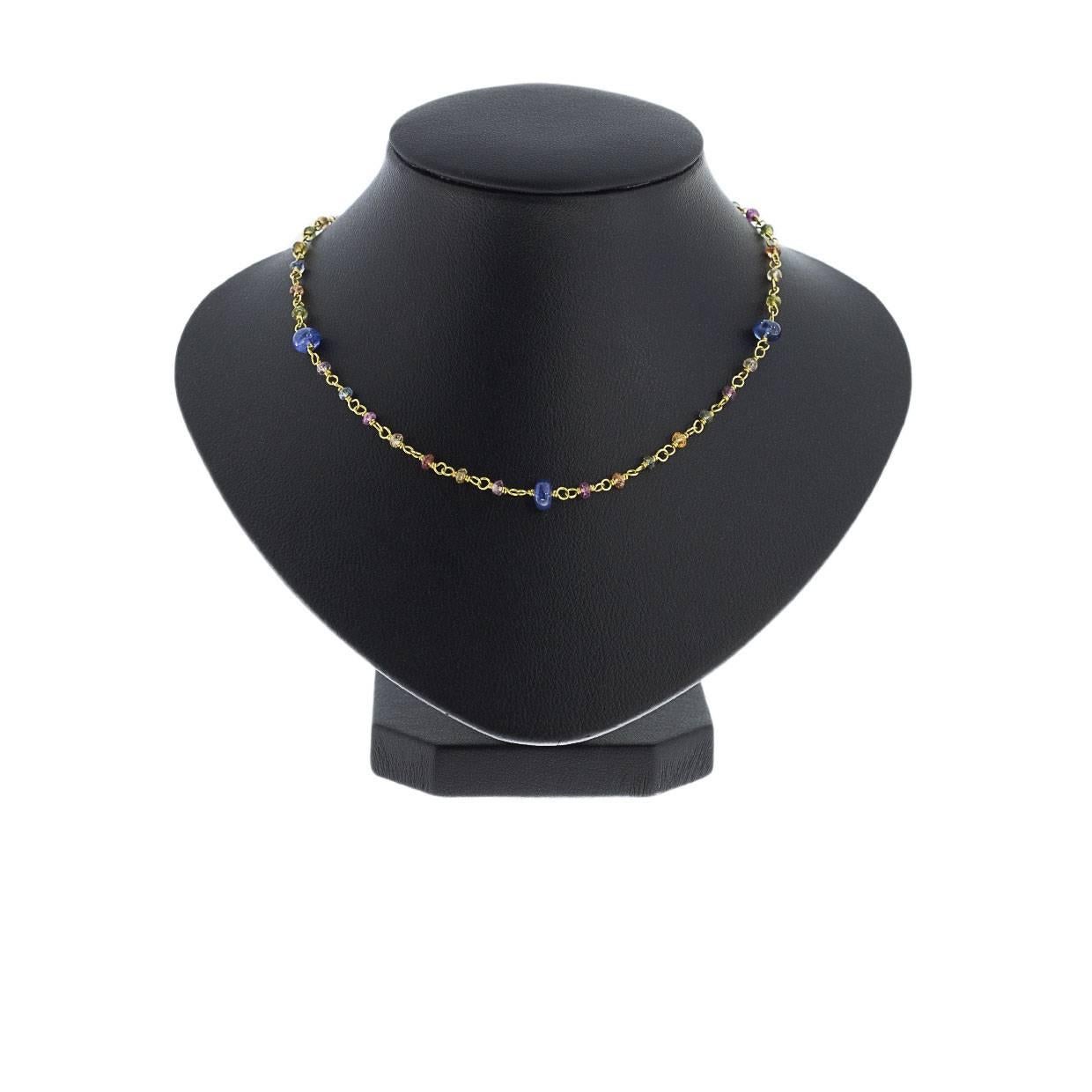 This Mallary Marks sapphire necklace features tiny, faceted beads wrapped in gold. This necklace can be paired with everything from basics to more elegant looks!

DETAILS:
22K Yellow Gold
Mallary Marks
Sapphire Chain necklace
16 inches long
MSRP
