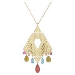 Mallary Marks Tibetan Lace Gemstone Statement Pendant Necklace 18k Gold 17.5"