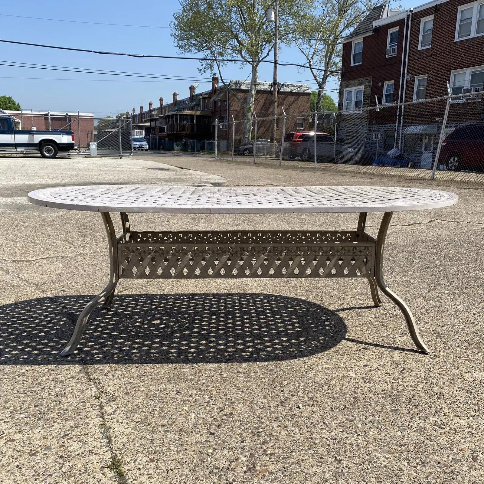 Unknown Mallin Cast Aluminum Tuscan Style Beige Lattice Outdoor Patio Dining Table Set For Sale