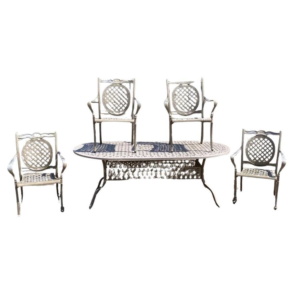 Mallin Cast Aluminum Tuscan Style Beige Lattice Outdoor Patio Dining Table Set For Sale