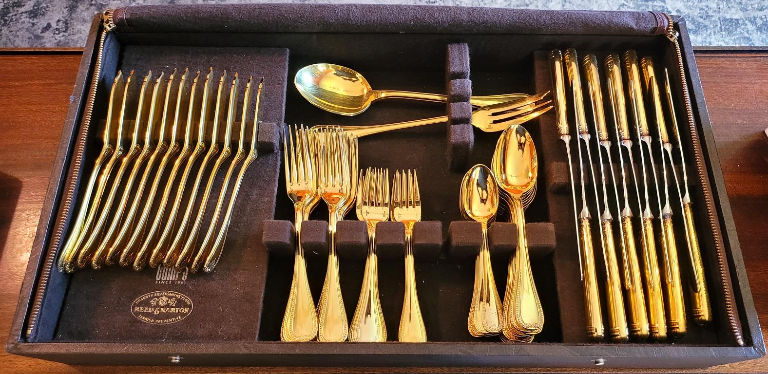 PRESENTING A STUNNING Mid-Century, ‘Malmaison’ Pattern and Design, by the famous, ‘Christofle’ of Paris, consisting of an OUTSTANDING Silver and Gold Plated 75 Piece Flatware Service in unmatching presentation box..

A FULL SERVICE FOR 12:
12 x