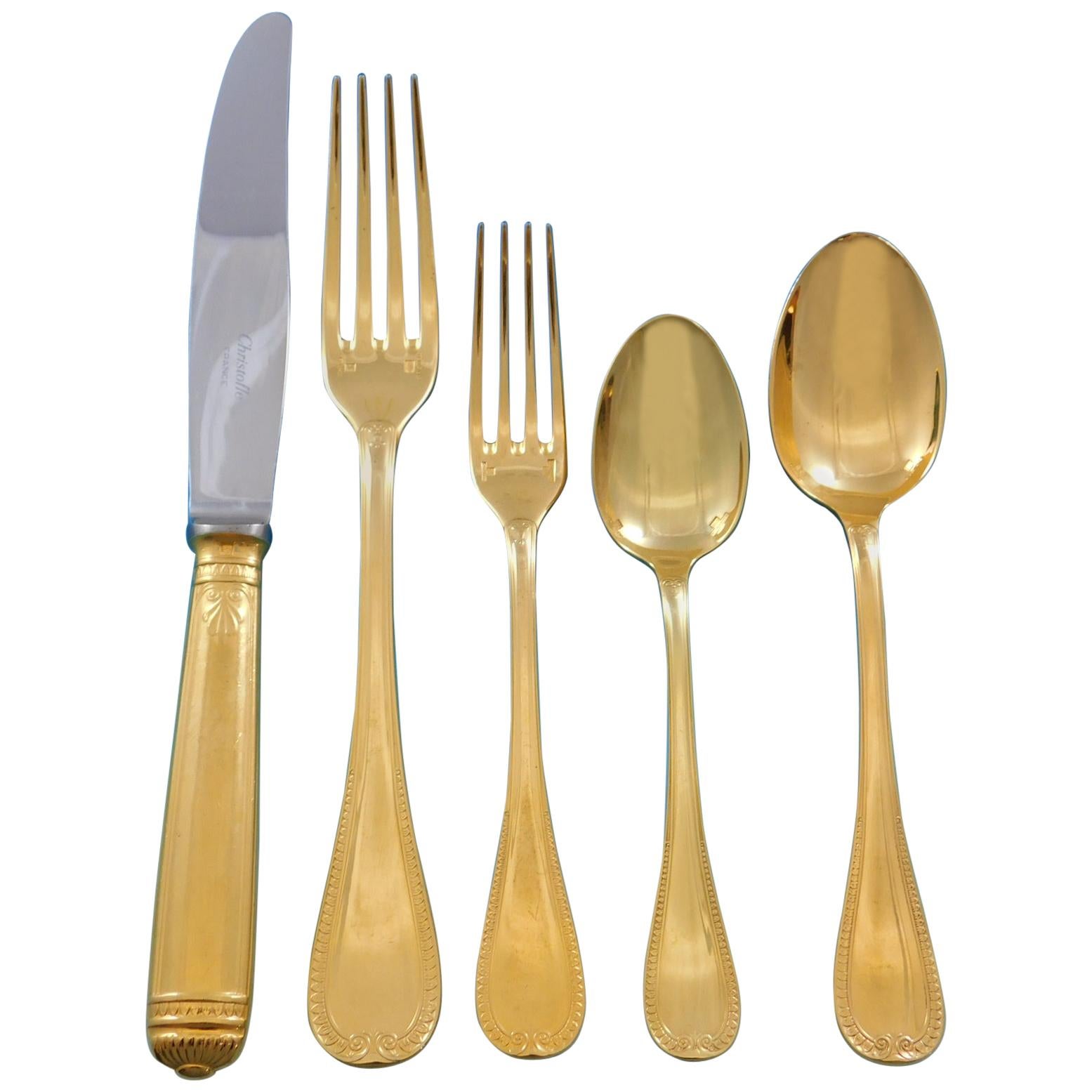 Malmaison by Christofle Silverplate Gilded Flatware Service 8 Set 40 Pcs Gold