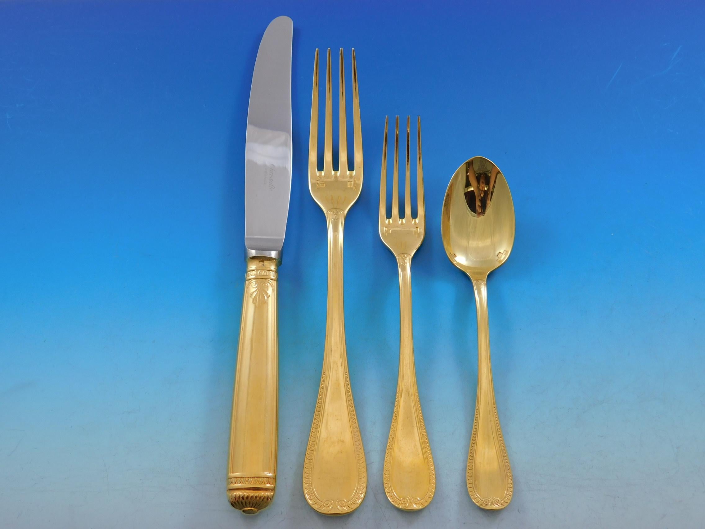 Malmaison by Christofle Silverplate Gilded Flatware Service 8 Set 68 Pcs Gold In Excellent Condition In Big Bend, WI