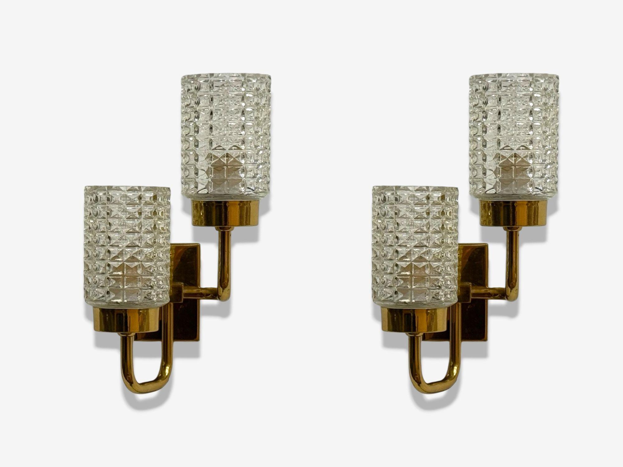 Mid-Century Modern Malmö Metallvarufabrik, Glass, Patinated Brass, Wall Sconces, Sweden, 1960s For Sale