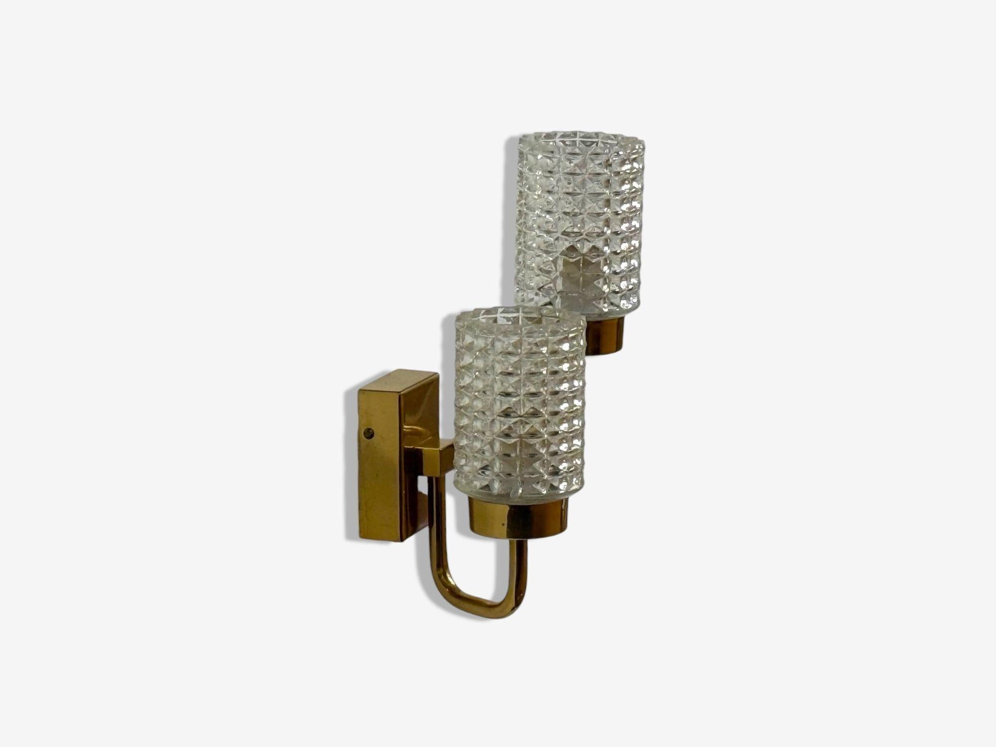 Swedish Malmö Metallvarufabrik, Glass, Patinated Brass, Wall Sconces, Sweden, 1960s For Sale