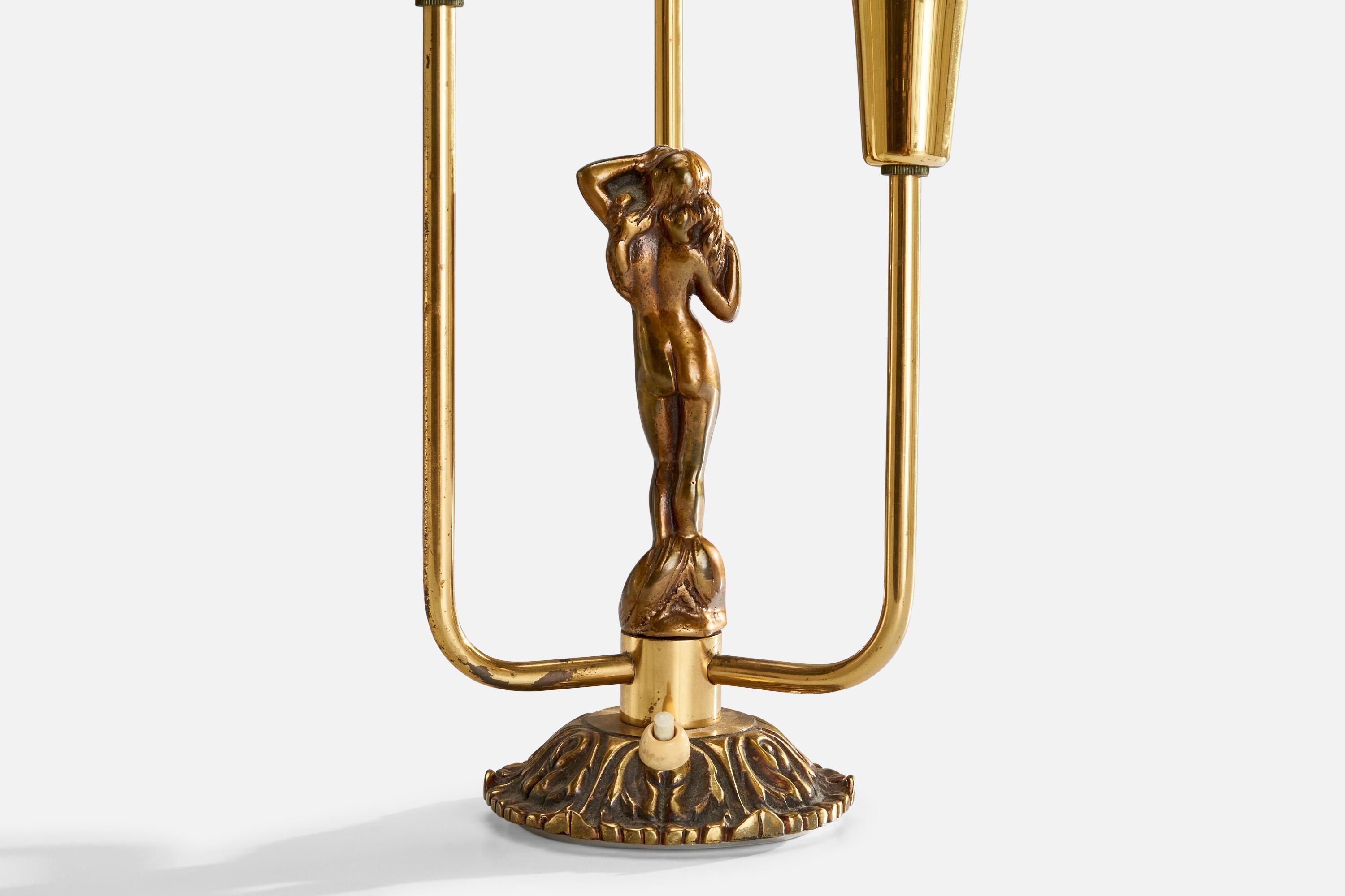 Laiton Malmö Metallvarufabrik, lampe de table, laiton, tissu, Suède, années 1930 en vente