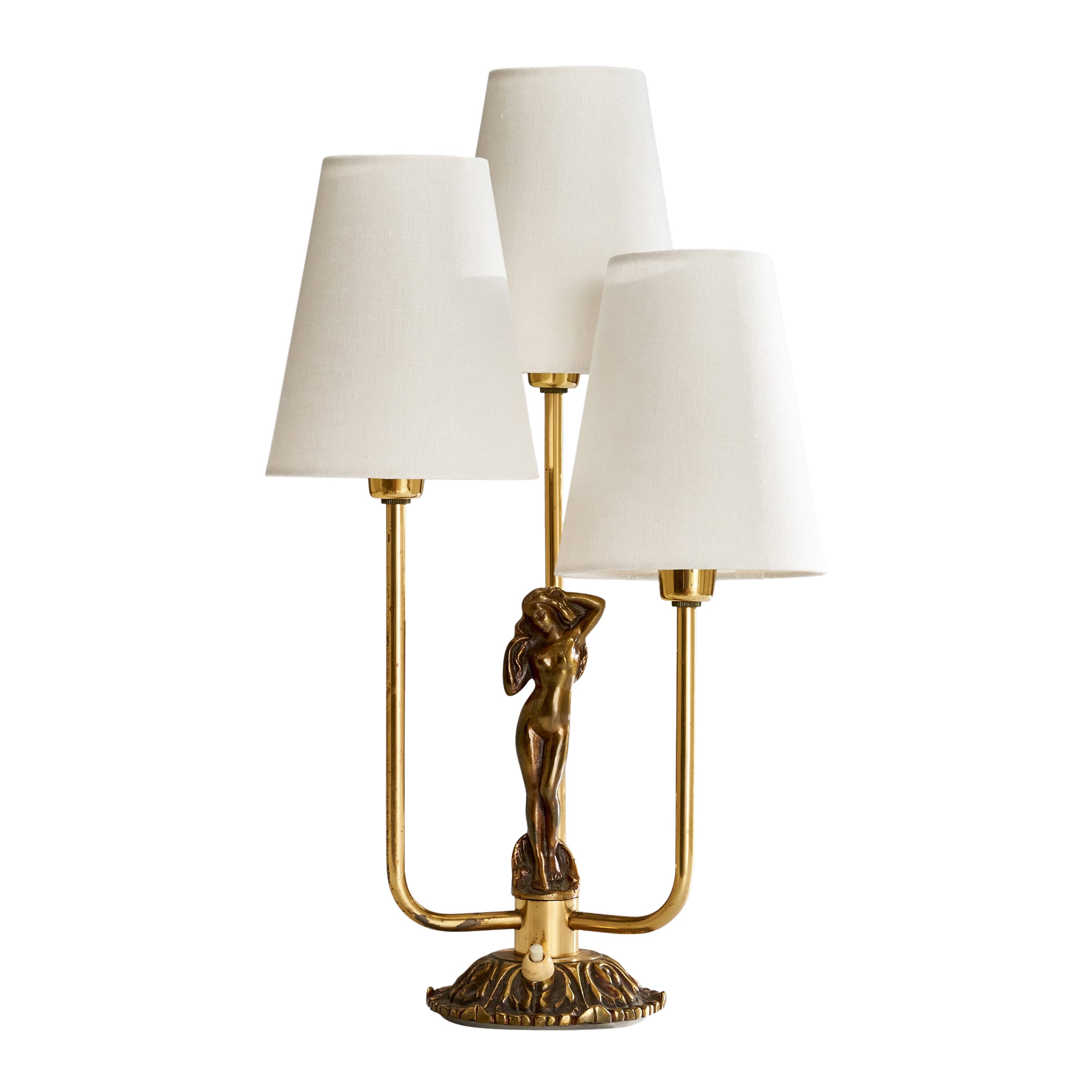 Malmö Metallvarufabrik, lampe de table, laiton, tissu, Suède, années 1930