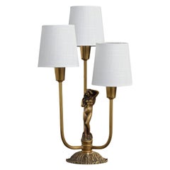 Malmö Metallvarufabrik, Table Lamp, Brass, Fabric, Sweden, 1930s