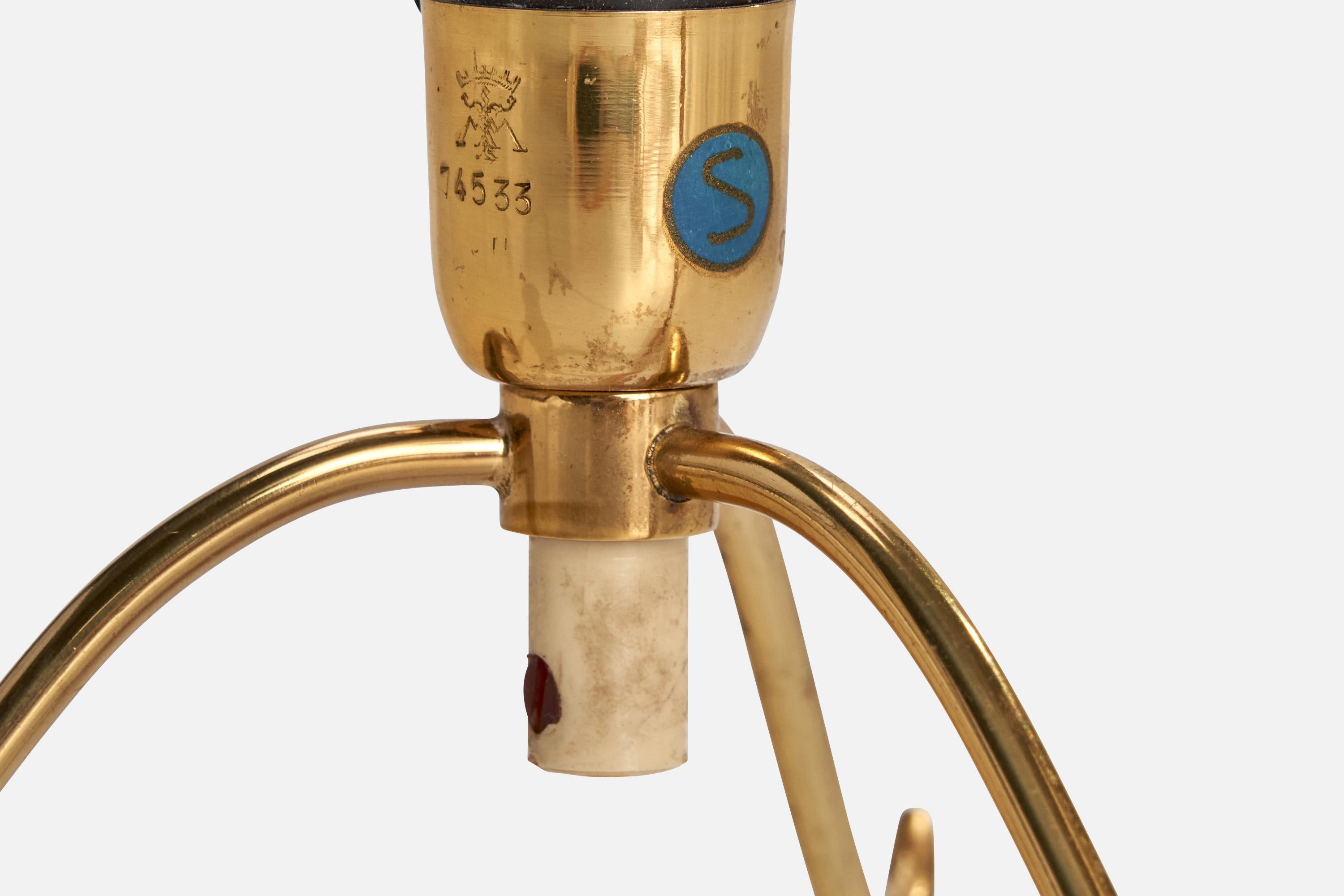Laiton Malmö Metallvarufabrik, lampe de table, laiton, tissu, Suède, années 1940 en vente