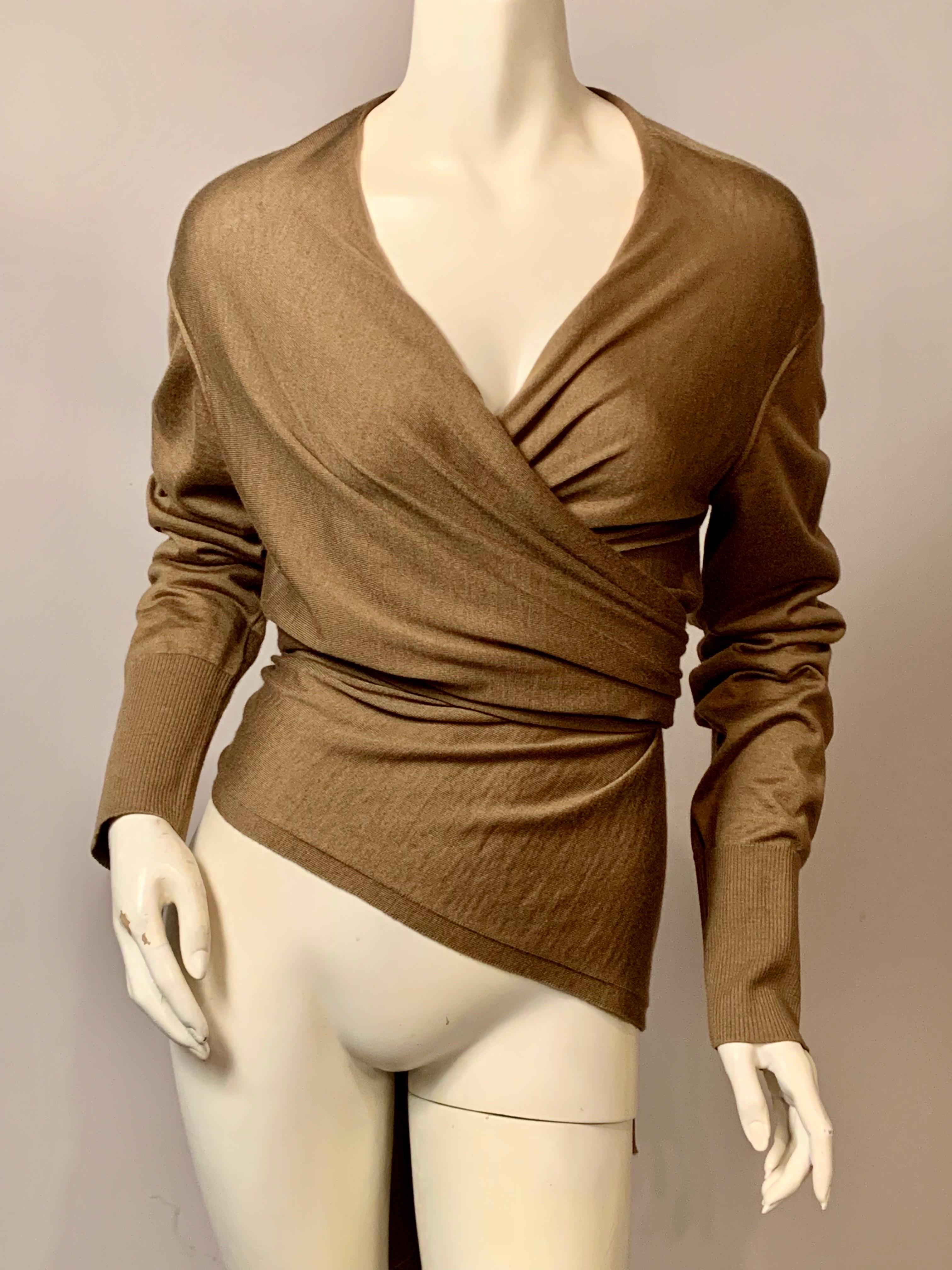 Brown Malo Mocha Cashmere and Silk Blend Wrap Sweater For Sale