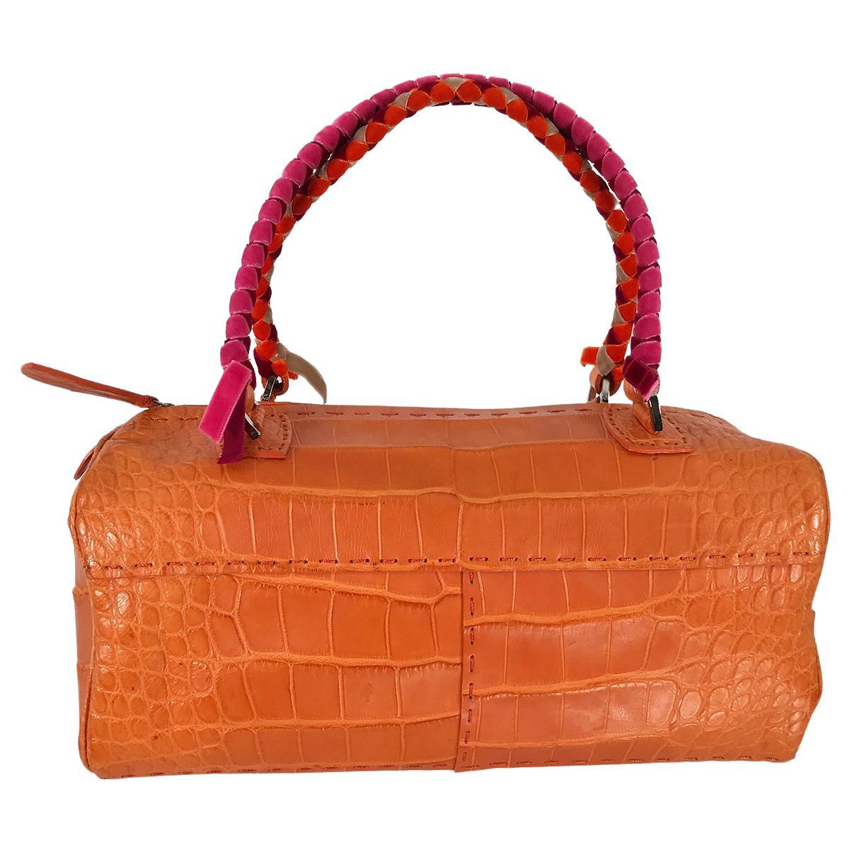 Malo Paprika Alligator Ribbon Woven Handle Handbag 