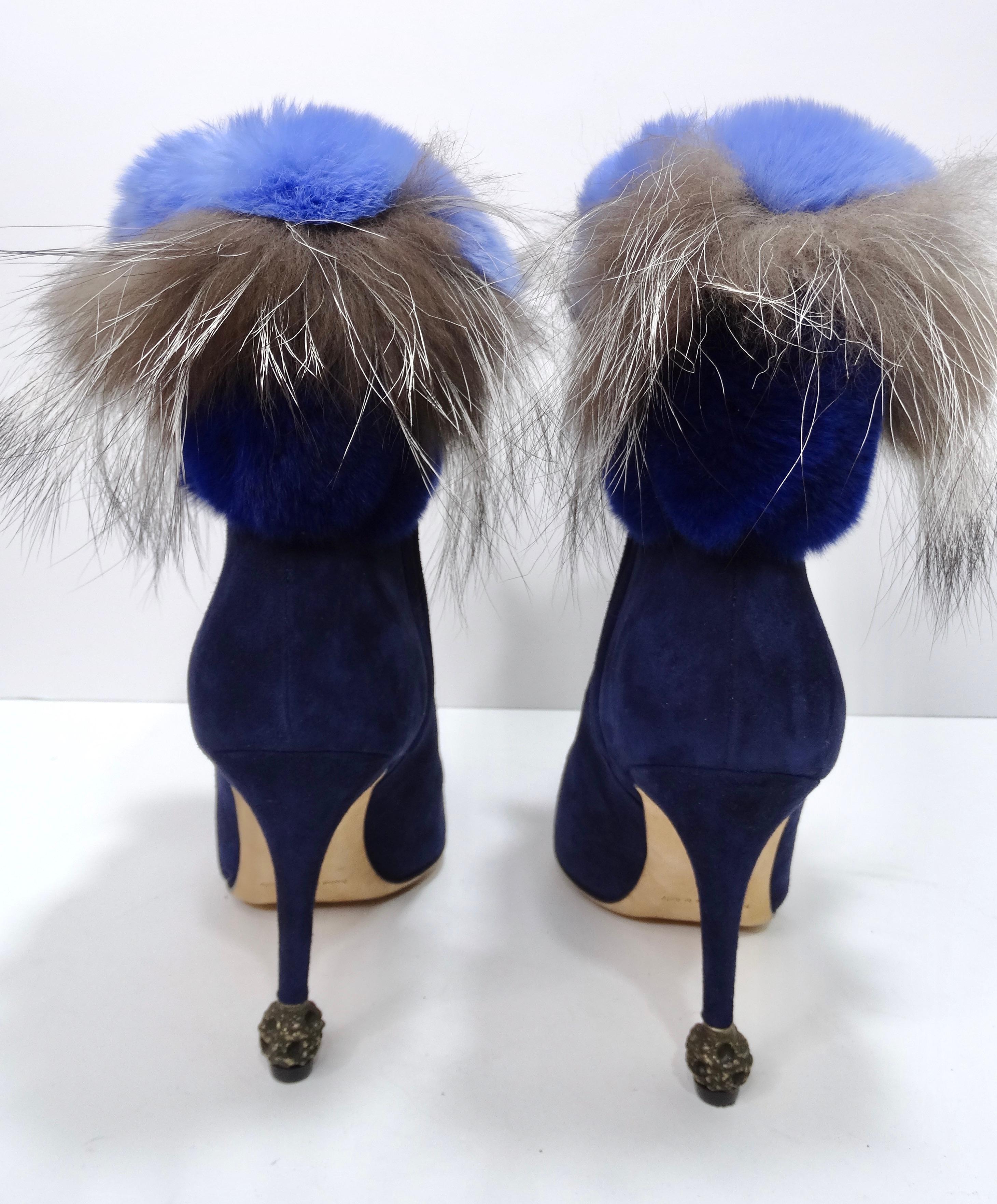 Malolo Blahnik Blue Suede & Fur 'Remola' Boots In Excellent Condition In Scottsdale, AZ