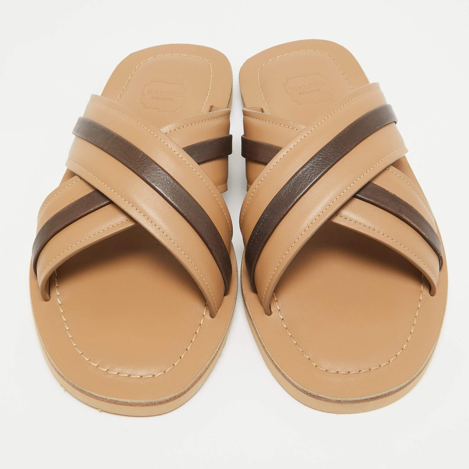 Malone Souliers Beige/Brown Leather Gabriel Slide Flats Size 40 In New Condition In Dubai, Al Qouz 2