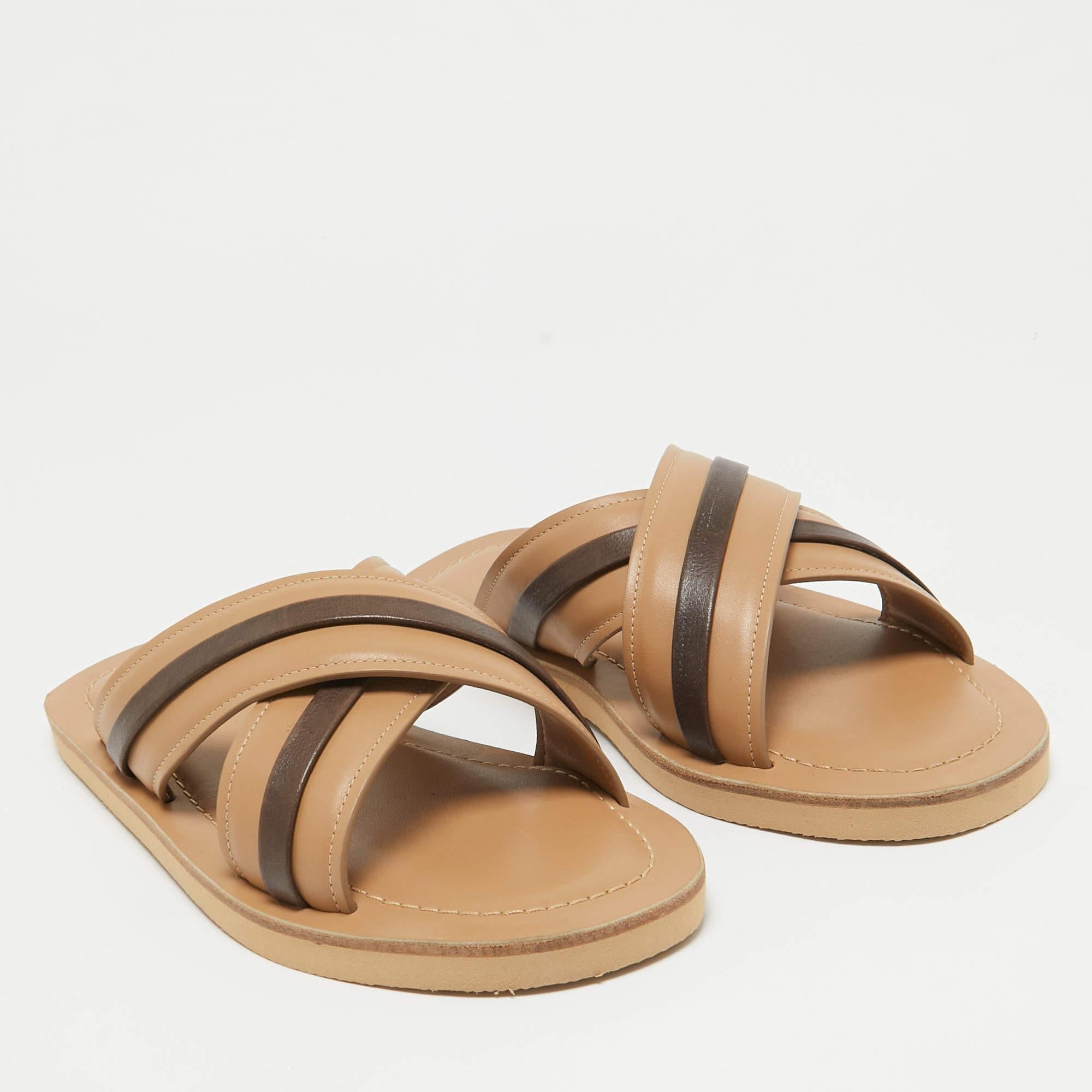 Men's Malone Souliers Beige/Brown Leather Gabriel Slide Flats Size 40