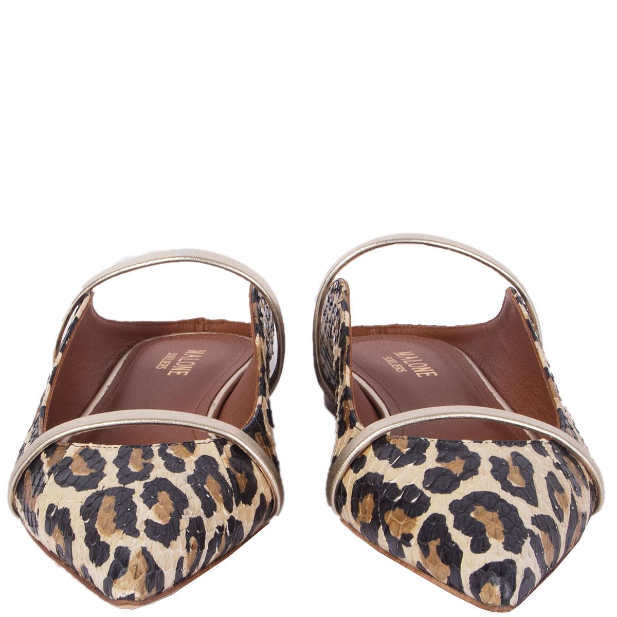 100% authentic Malone Souliers 'Maureen' mules in ivory, black and beige leopard print snakeskin featuring light gold-tone elastic leather straps. Brand new. Come with dust bag. 

Measurements
Imprinted Size	38
Shoe Size	37.5
Inside Sole	24.5cm