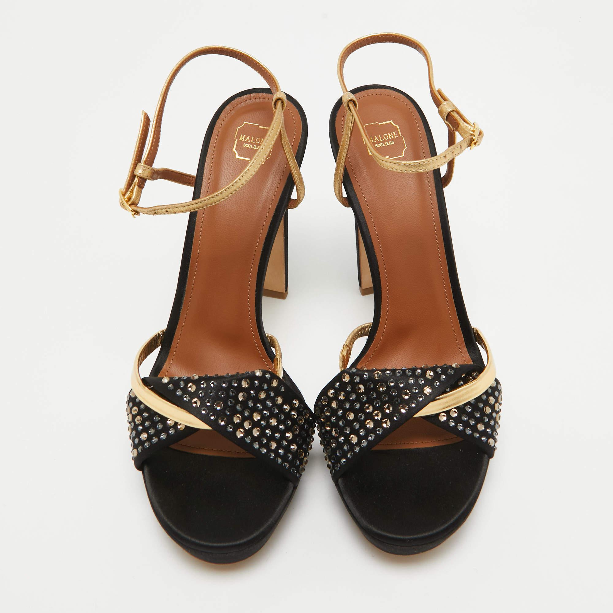 Malone Souliers Black/Gold Satin and Leather Lauren Crystals Sandals Size 39 In Excellent Condition For Sale In Dubai, Al Qouz 2