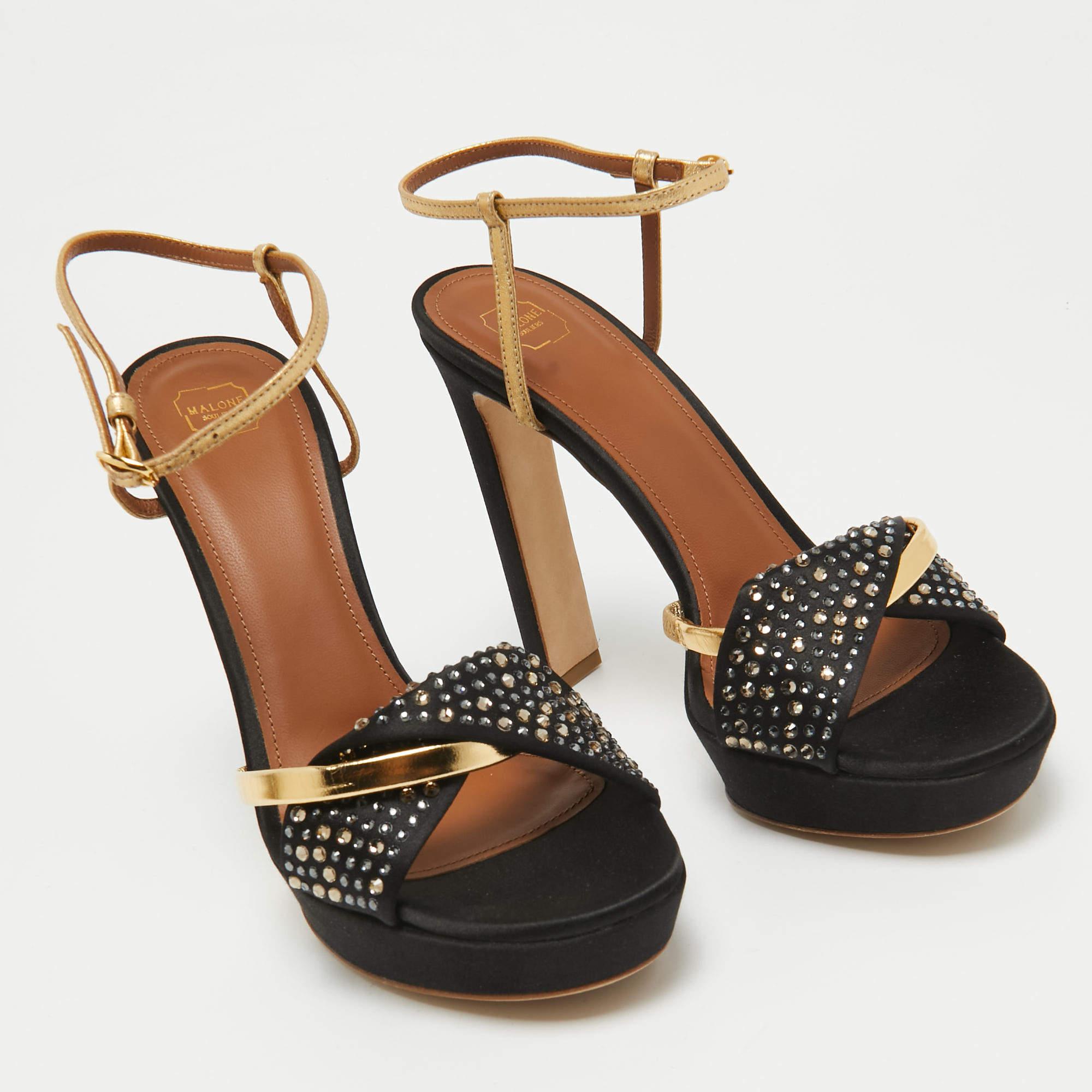 Women's Malone Souliers Black/Gold Satin and Leather Lauren Crystals Sandals Size 39 For Sale