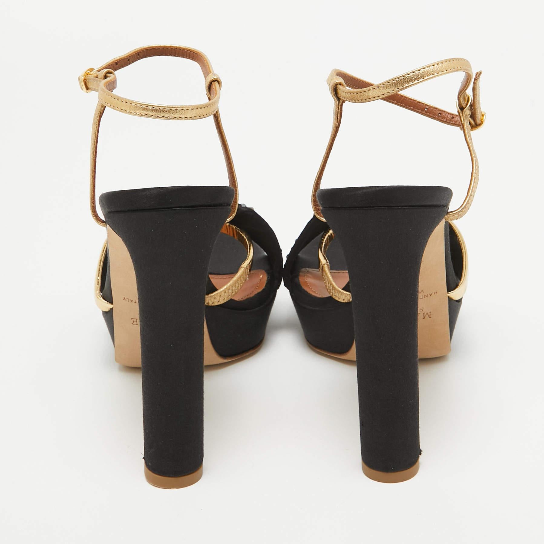 Malone Souliers Black/Gold Satin and Leather Lauren Crystals Sandals Size 39 For Sale 1