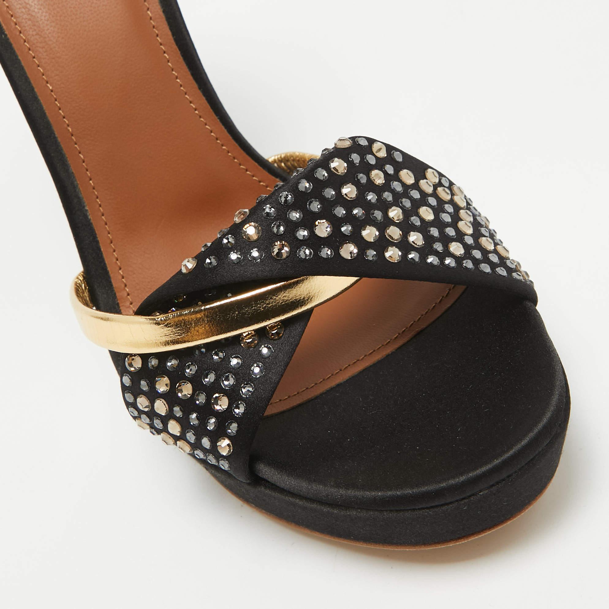 Malone Souliers Black/Gold Satin and Leather Lauren Crystals Sandals Size 39 For Sale 3