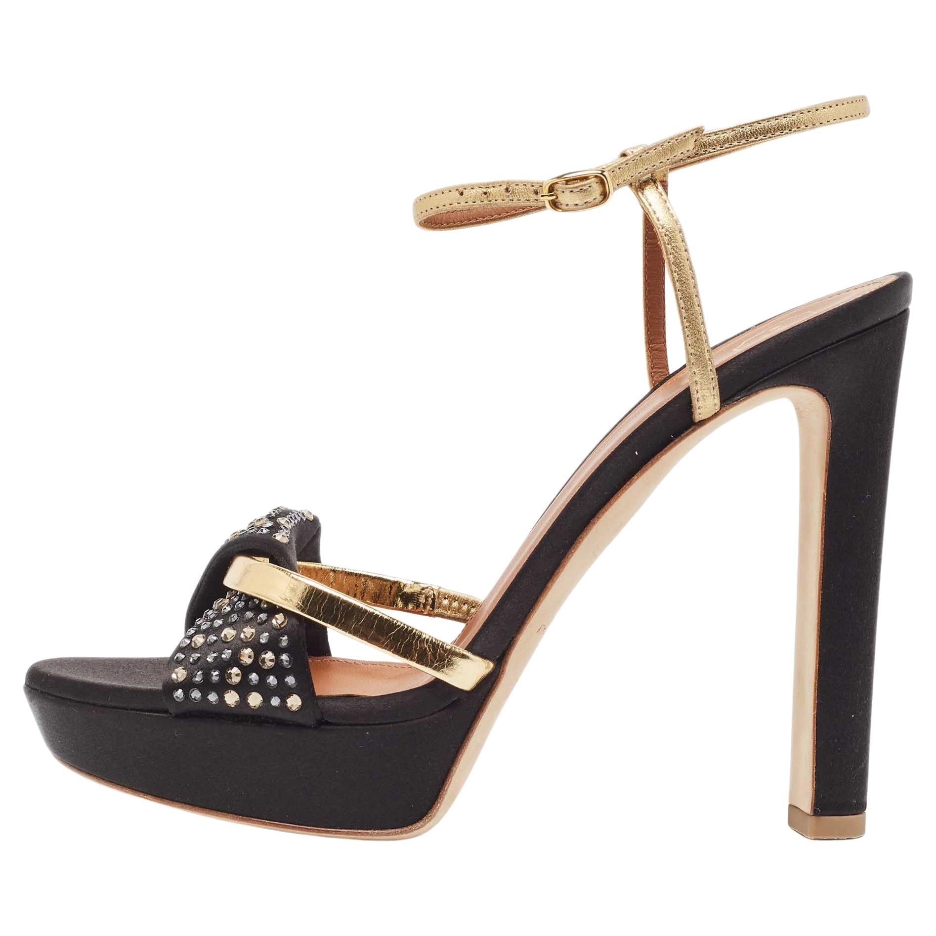 Malone Souliers Black/Gold Satin and Leather Lauren Platform Sandals Size 39 For Sale