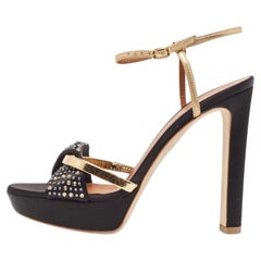 Malone Souliers Black/Gold Satin and Leather Lauren Platform Sandals Size 39