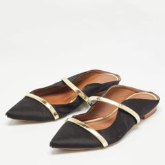 Malone Souliers Black/Gold Satin and Leather Maureen Flat Mules Size 38