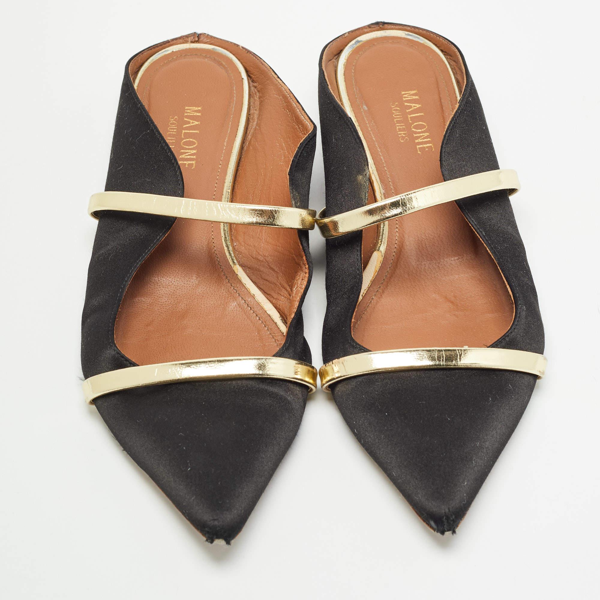 Malone Souliers Schwarz/Gold Satin und Leder Maureen flache Pantoletten aus Satin Größe 38 im Zustand „Gut“ im Angebot in Dubai, Al Qouz 2