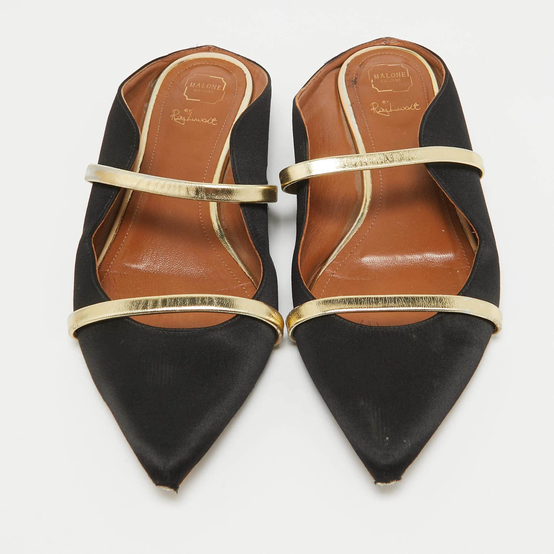 Malone Souliers Schwarz/Gold Satin und Leder Maureen flache Pantoletten aus Satin Größe 38 im Zustand „Relativ gut“ in Dubai, Al Qouz 2