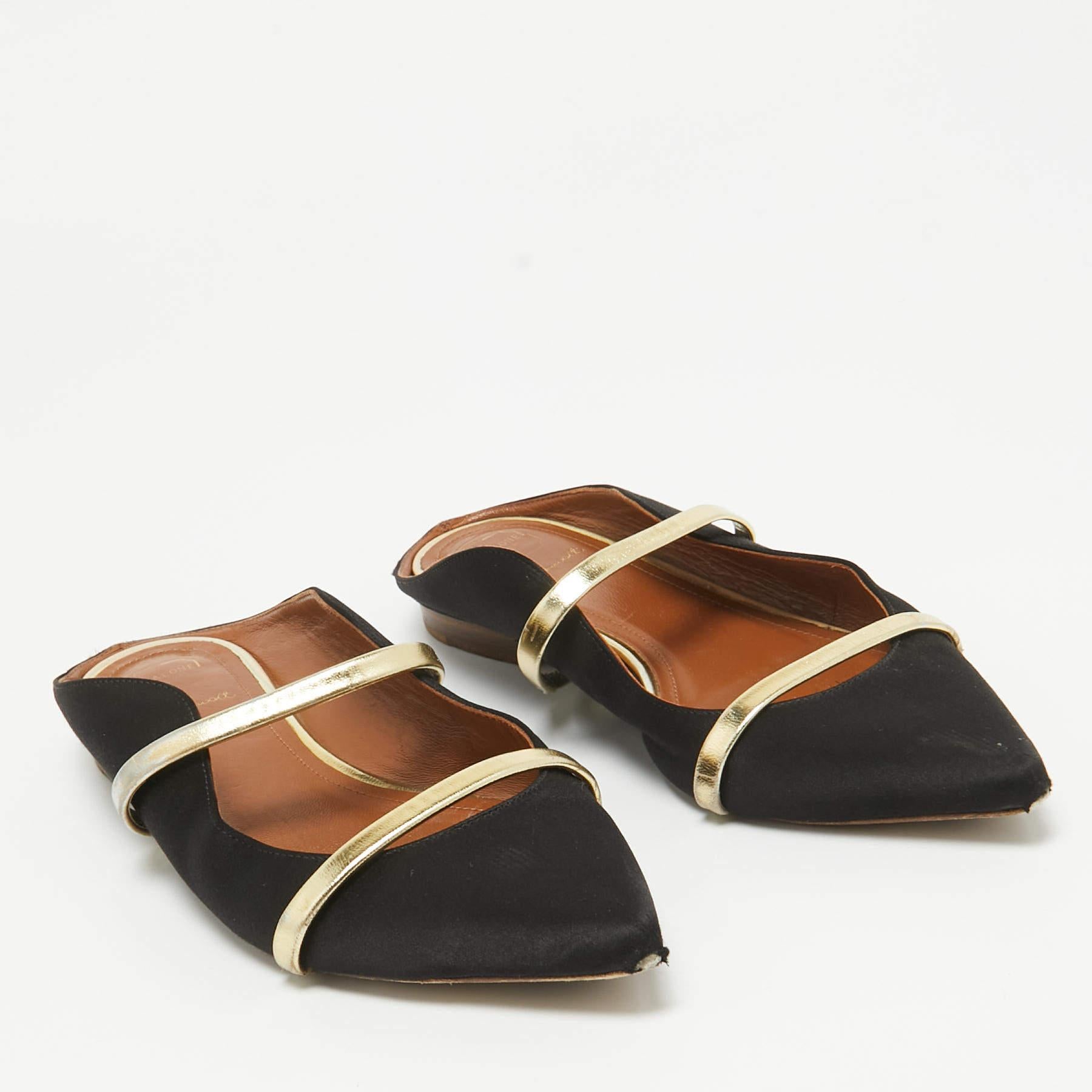 Malone Souliers Schwarz/Gold Satin und Leder Maureen flache Pantoletten aus Satin Größe 38 Damen