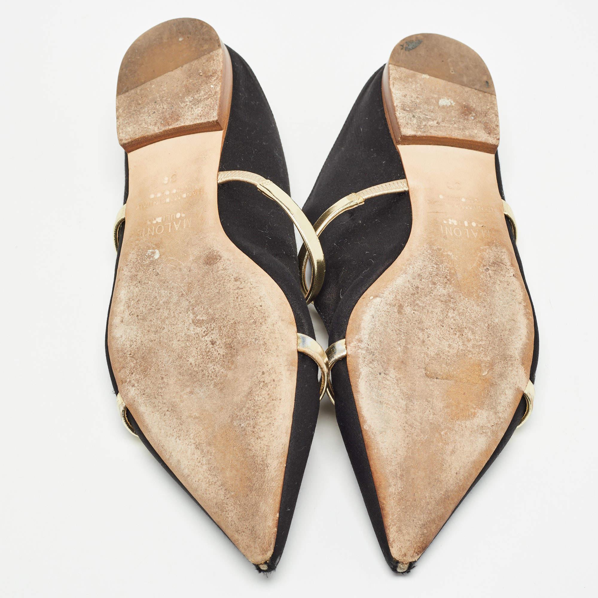 Malone Souliers Schwarz/Gold Satin und Leder Maureen flache Pantoletten aus Satin Größe 38 im Angebot 2
