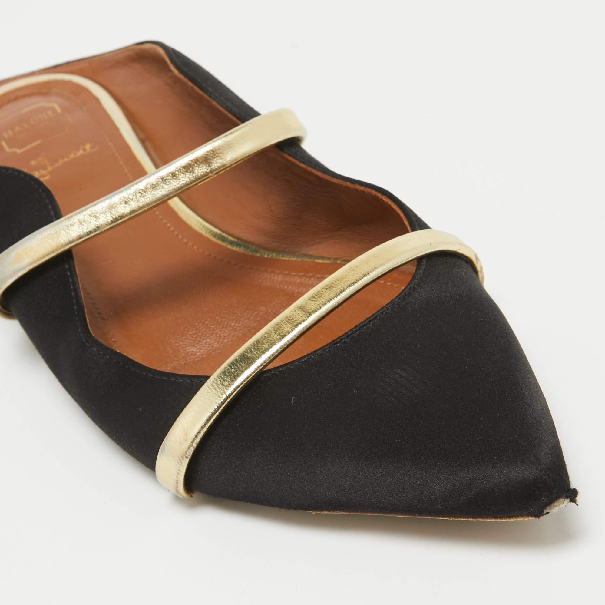 Malone Souliers Schwarz/Gold Satin und Leder Maureen flache Pantoletten aus Satin Größe 38 3