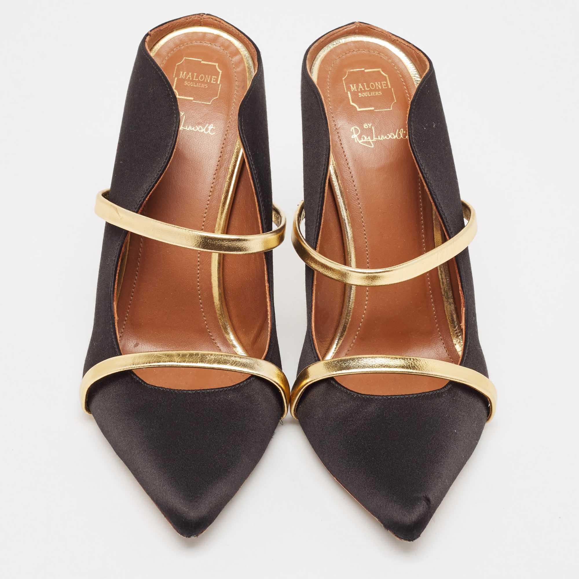 Malone Souliers Black/Gold Satin and Leather Maureen Mules Size 38.5 In Good Condition In Dubai, Al Qouz 2