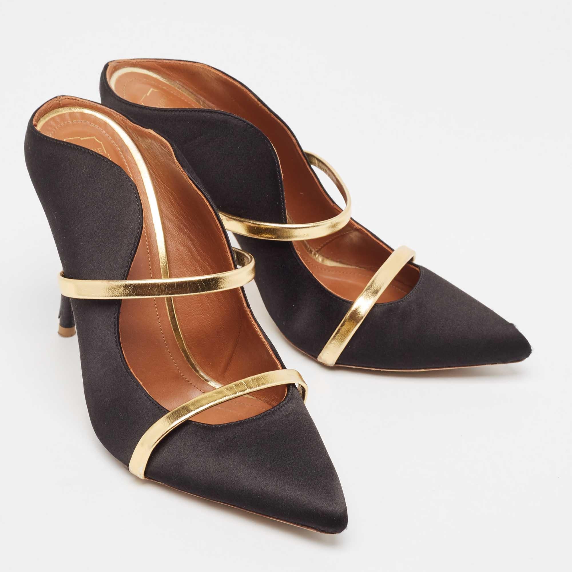 Women's Malone Souliers Black/Gold Satin and Leather Maureen Mules Size 38.5